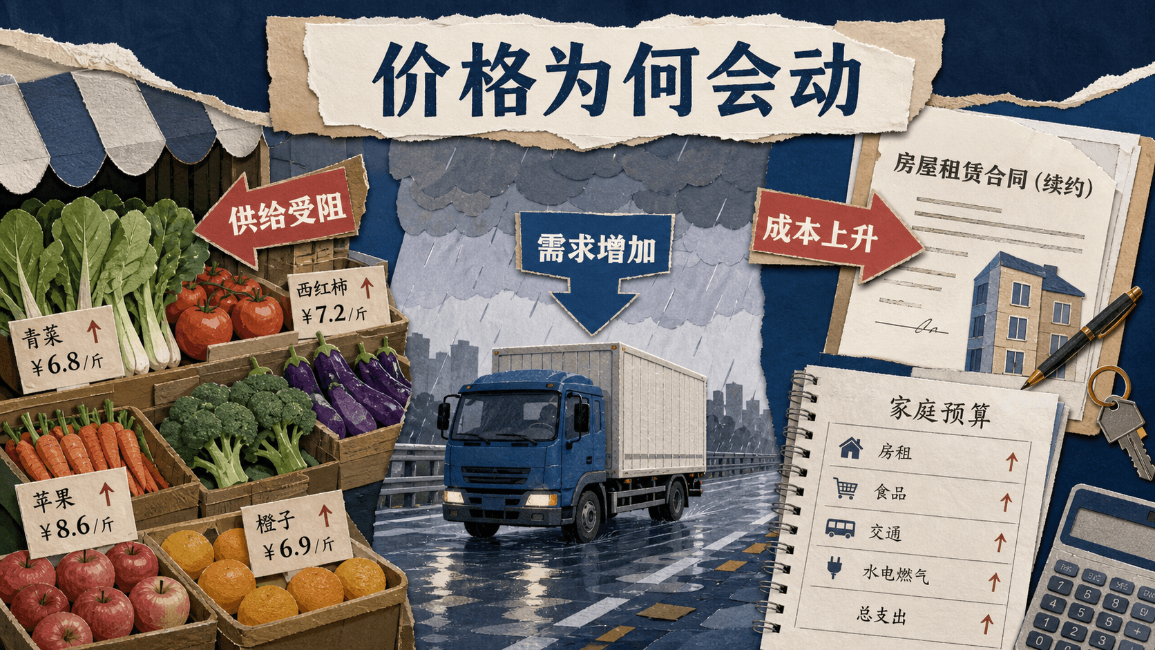 菜市场、货车、租房合同与预算单共同呈现价格变化的多重原因