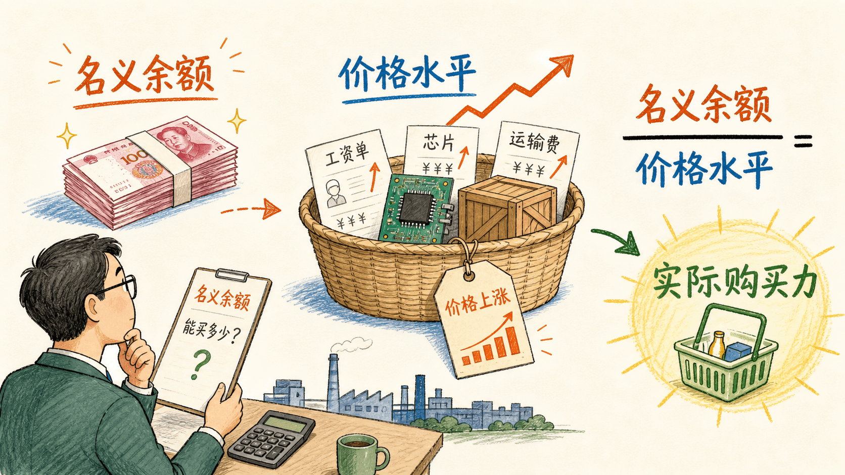名义余额经由价格水平转换为实际购买力的示意图