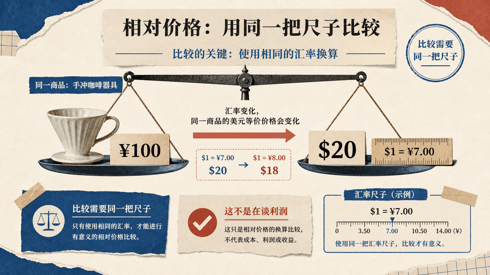 咖啡滤杯人民币价格与美元价格及汇率刻度构成的相对价格天平图