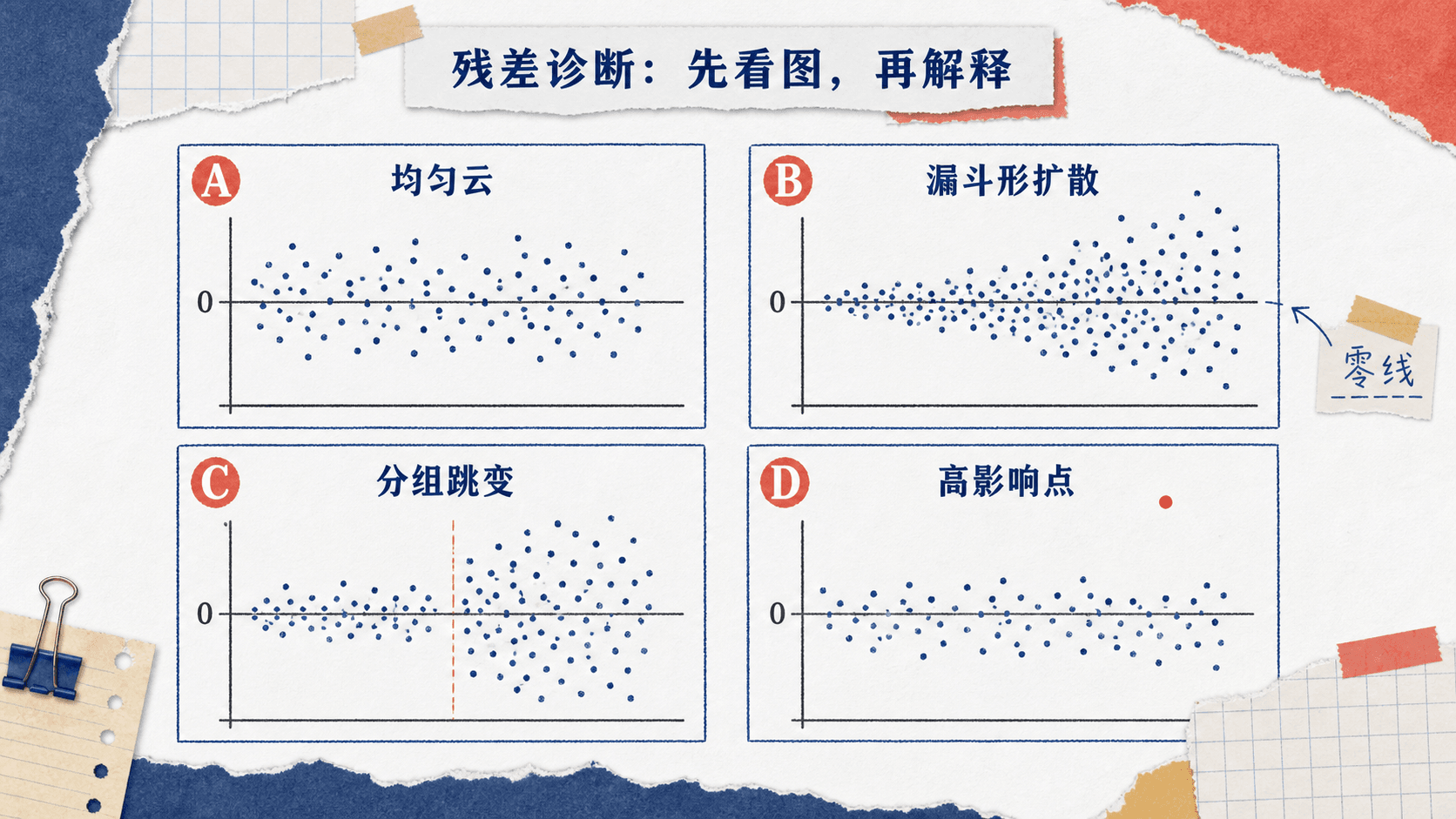 残差诊断四格图，对比均匀云、漏斗形扩散、分组跳变和单个高影响点。