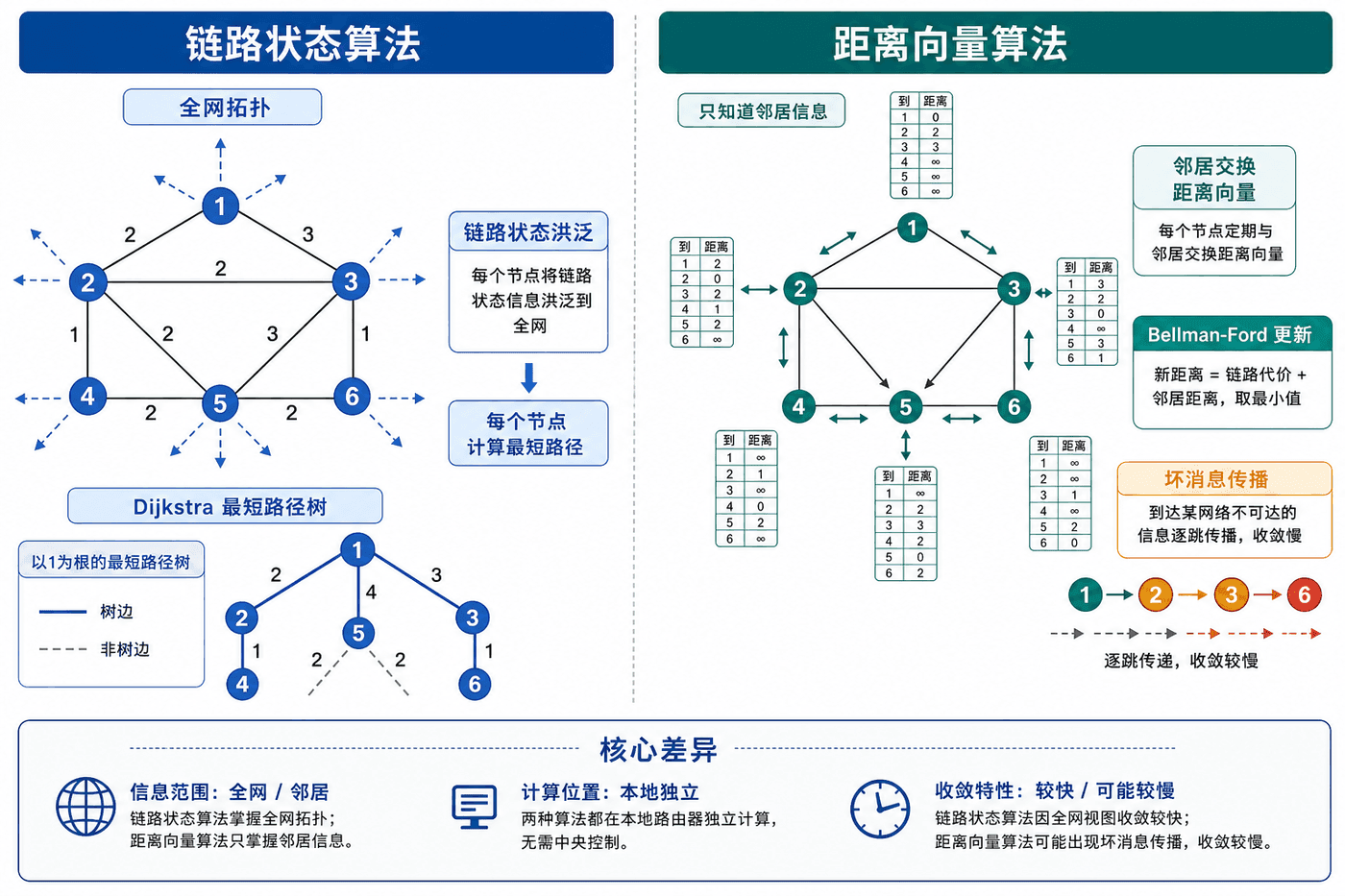 链路状态与距离向量算法的信息范围、更新方程和收敛方式对比。