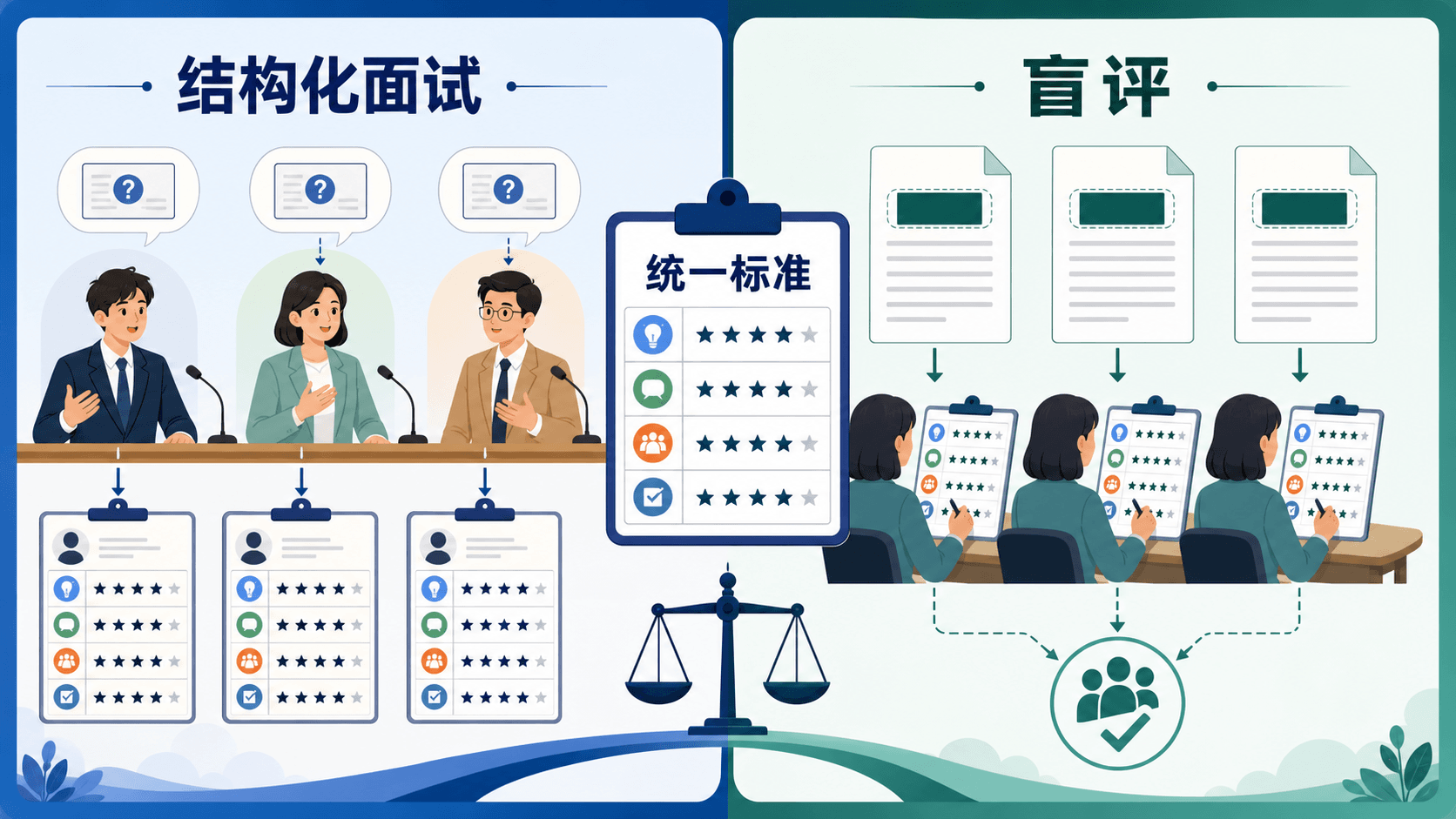 结构化面试与盲评让身份线索不抢先占据注意力