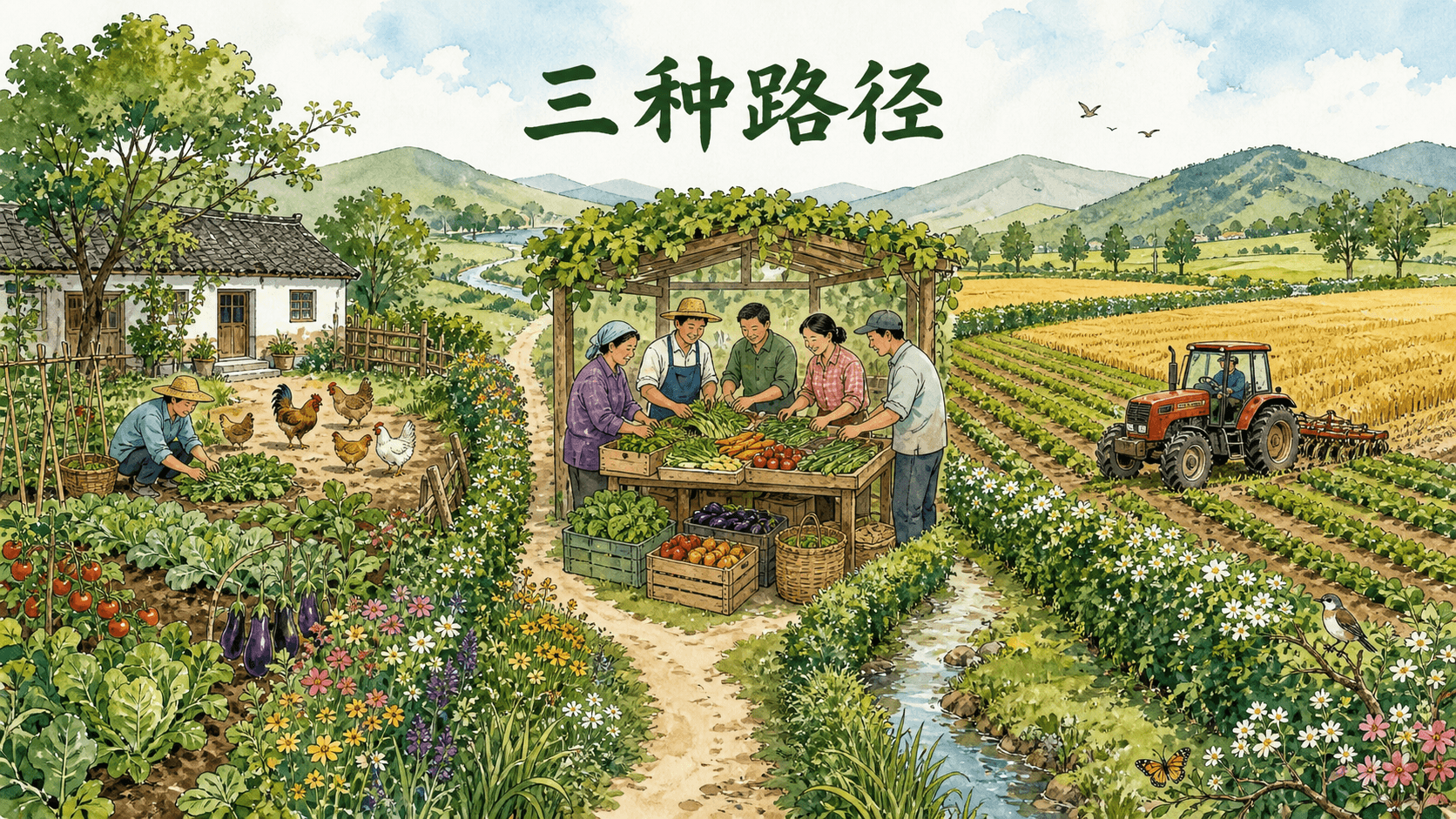 多样化小农、合作组织与规模经营共同构成乡村路径的示意图