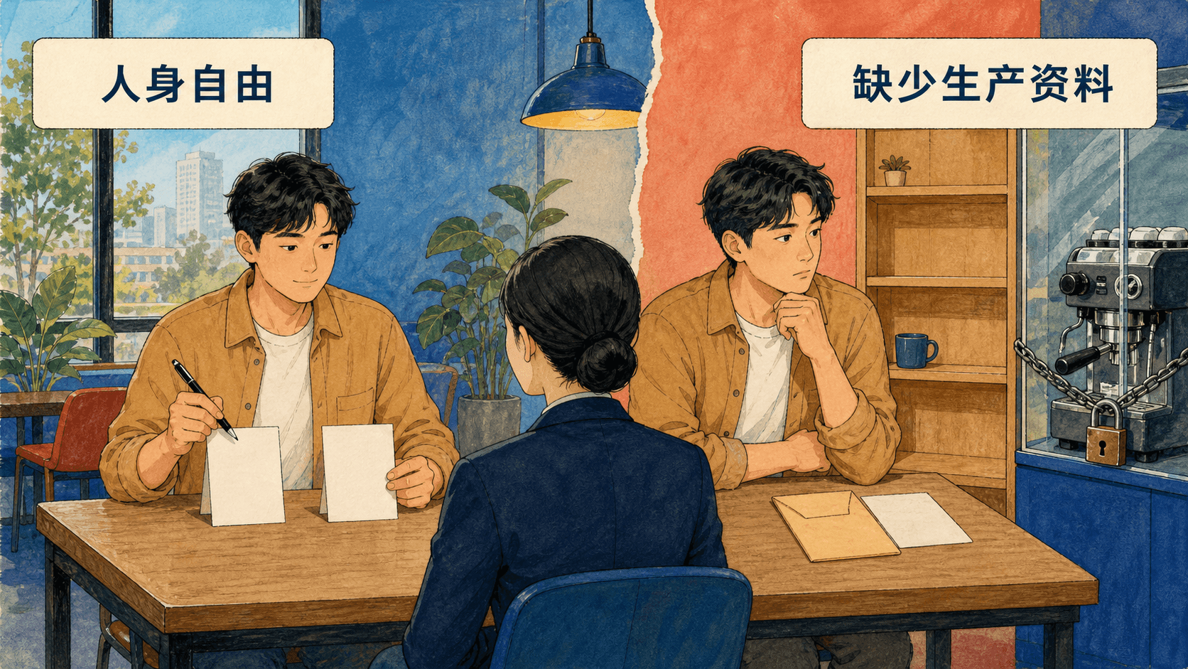 求职者同时面对限期签约自由与缺少生产资料的两项条件