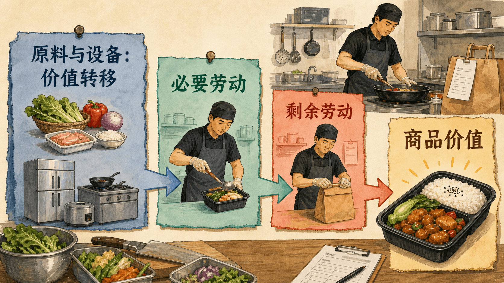 外卖店餐品价值构成板:食材设备的价值转移、必要劳动与剩余劳动
