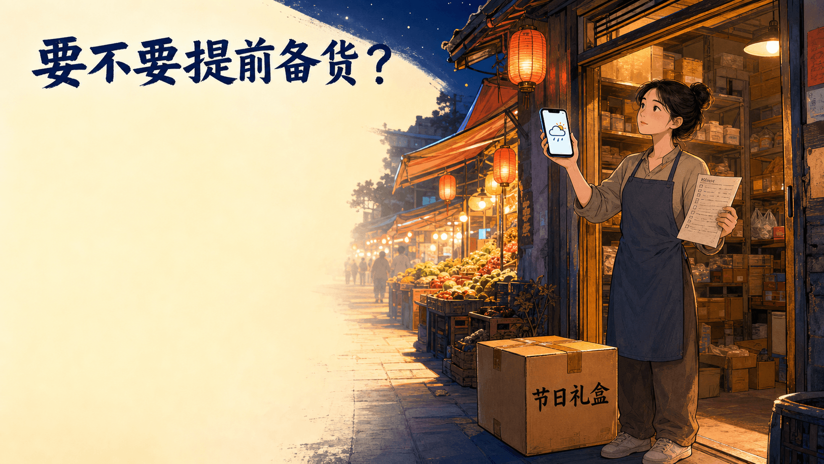 夜市摊主林岚在仓库门口查看天气预报和销售清单,思考是否提前备货