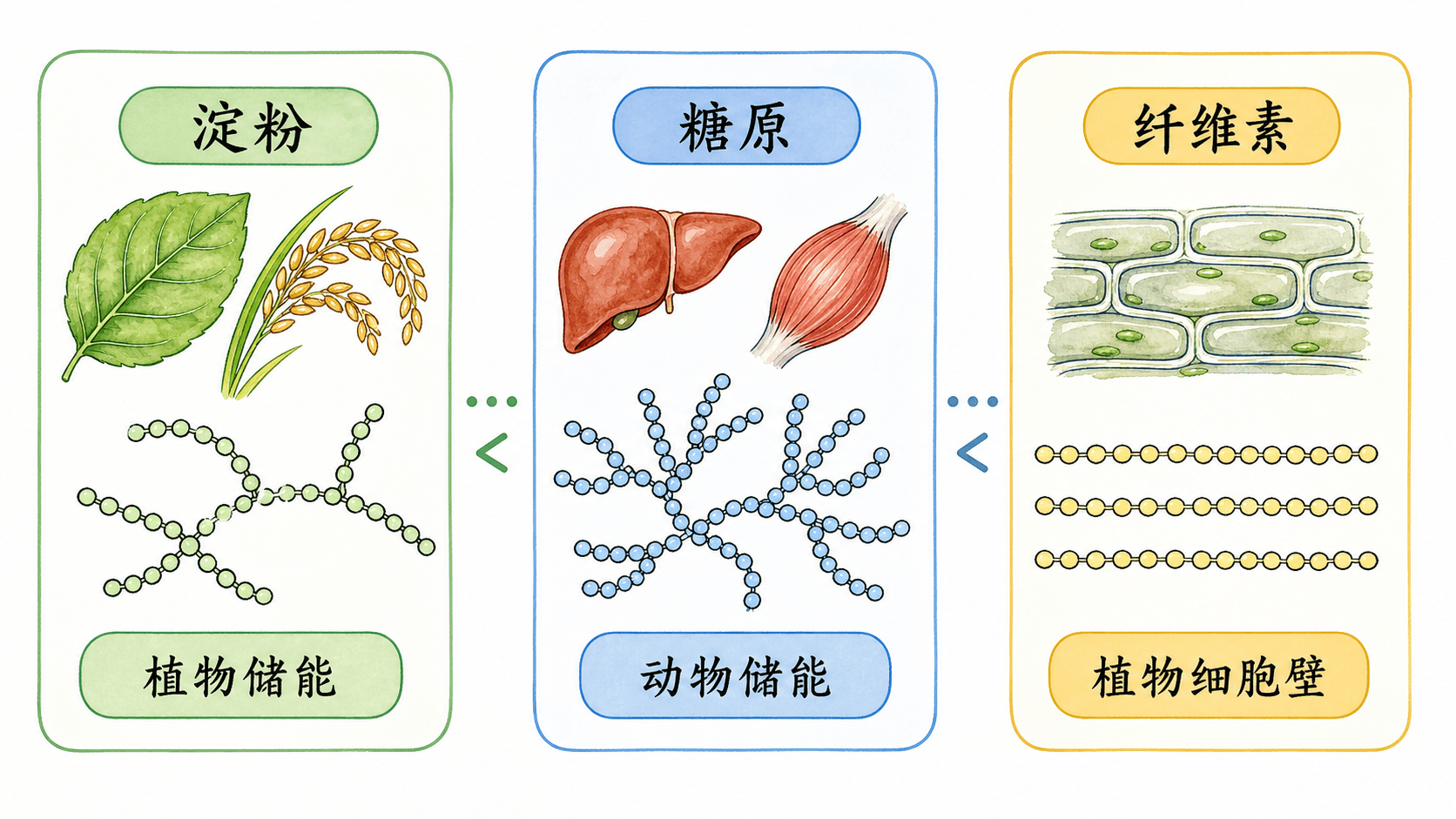 淀粉、糖原与纤维素的比较 淀粉、糖原与纤维素对比图:储存形态和结构形态