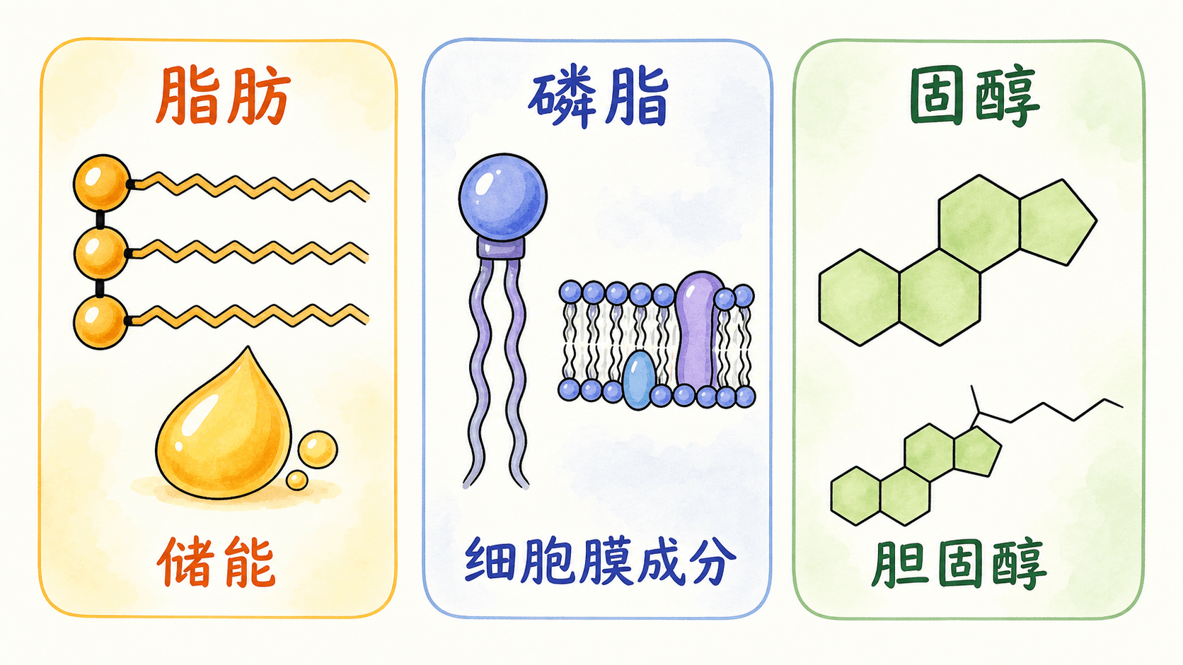 脂肪、磷脂与固醇的分工 脂肪、磷脂与固醇图:储能、膜结构和调节关系