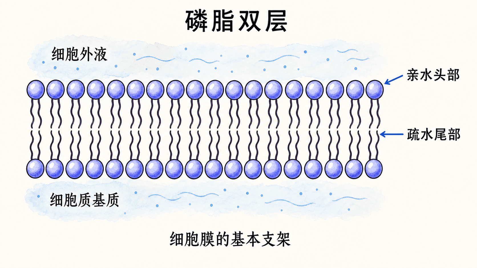 细胞膜中的磷脂双层 细胞膜磷脂双层图:亲水头部与疏水尾部的朝向
