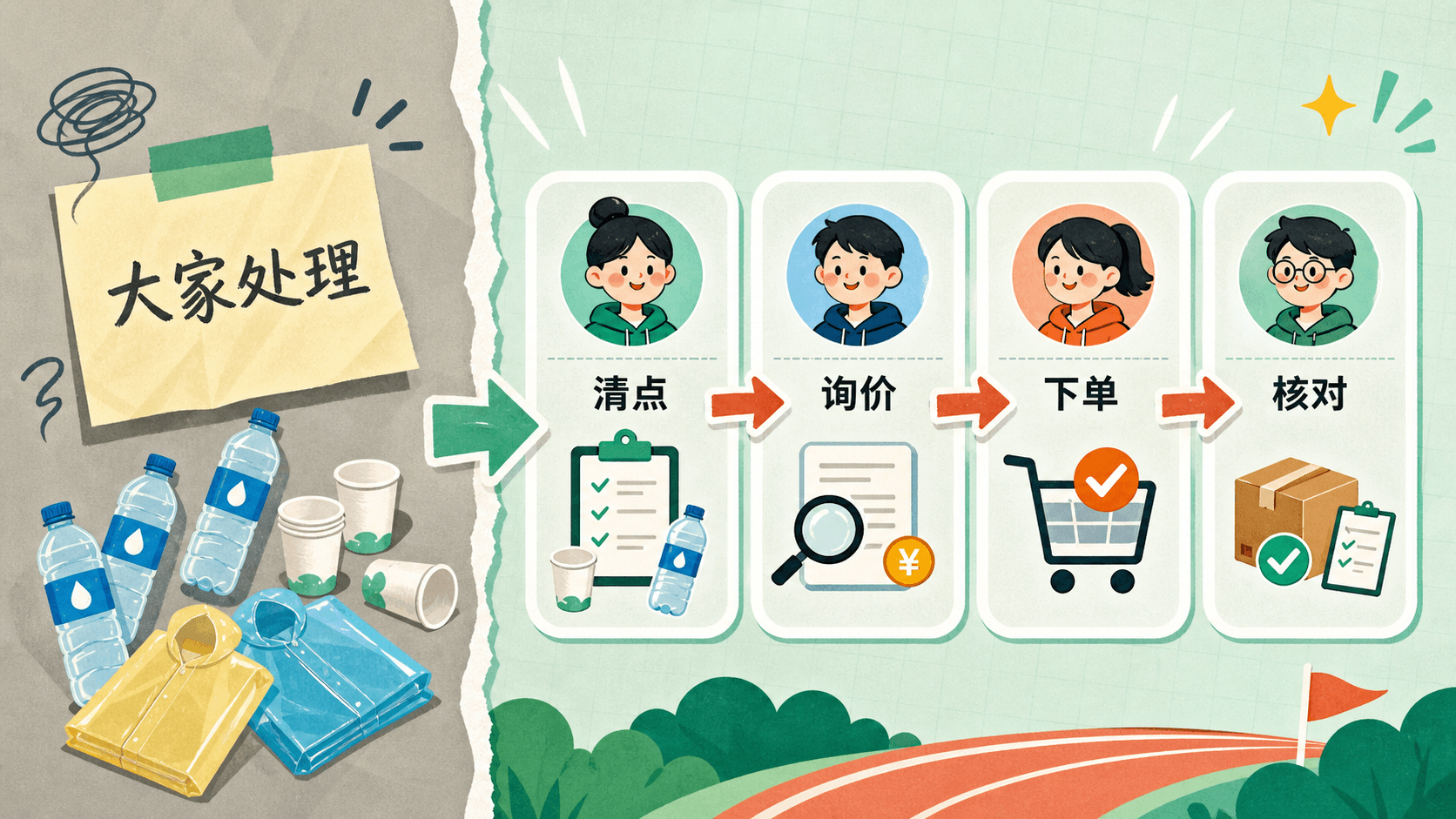 夜跑物资采购从模糊群任务拆分为带姓名与交接箭头的清晰任务