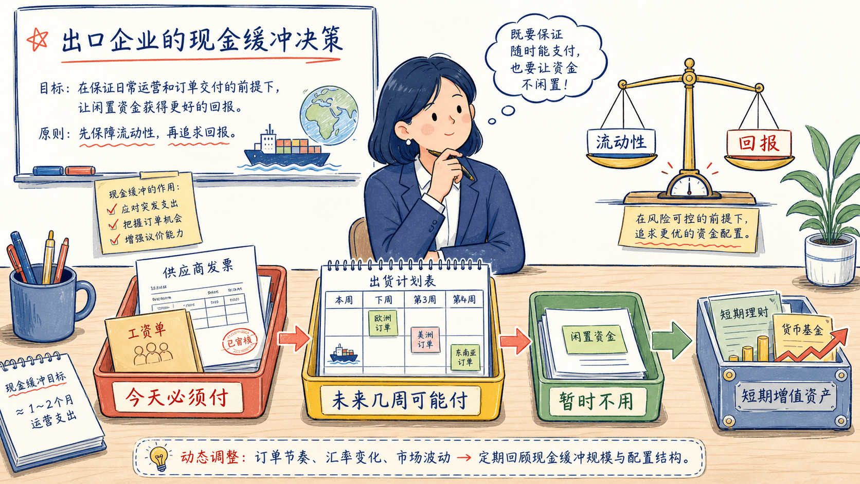 企业把资金按今天必须付、未来几周可能付和暂时不用分层管理