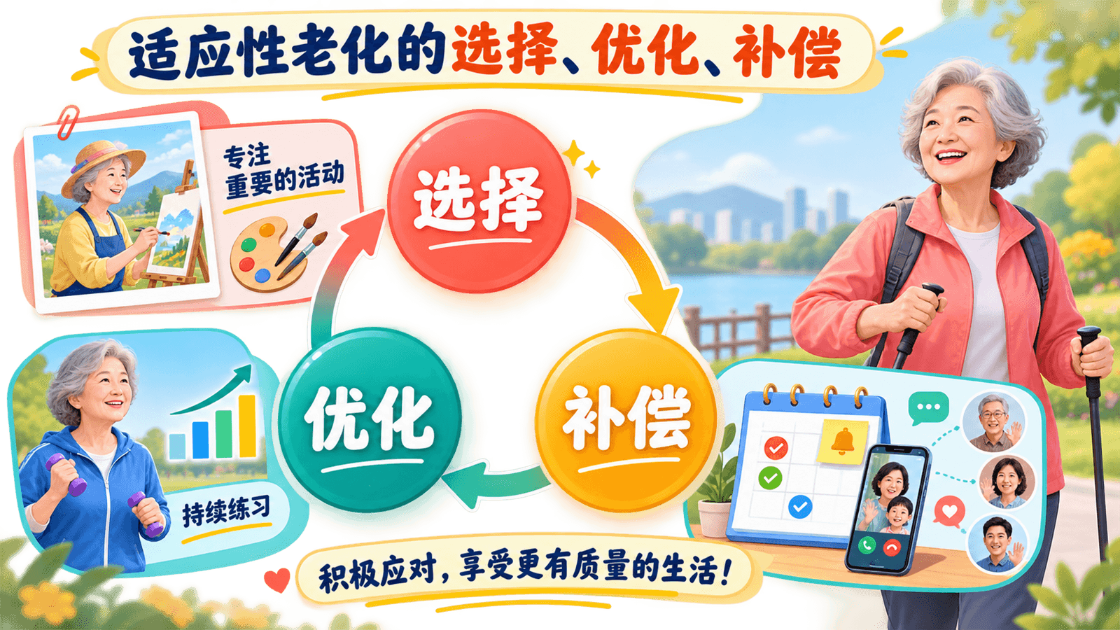 围绕选择、优化、补偿三种策略安排晚年生活的适应性老化信息图