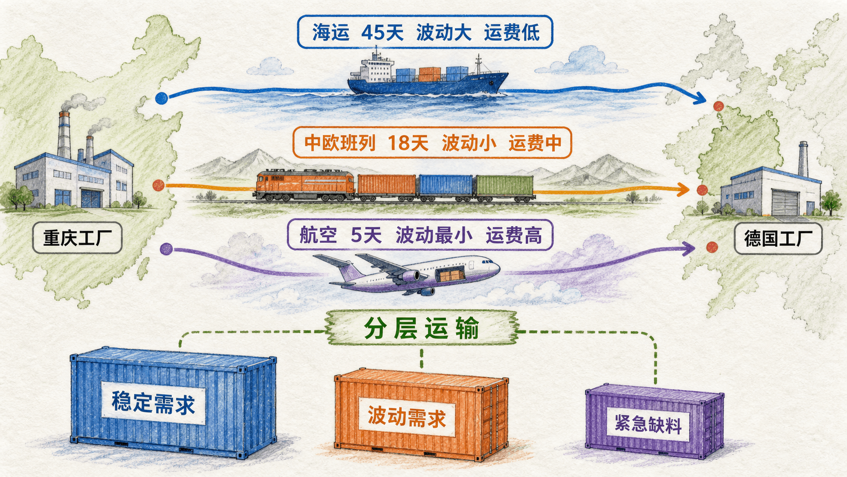 手绘重庆工厂到德国工厂的海运、中欧班列和航空三路径对比,并展示稳定需求、波动需求和紧急缺料对应的分层运输方案