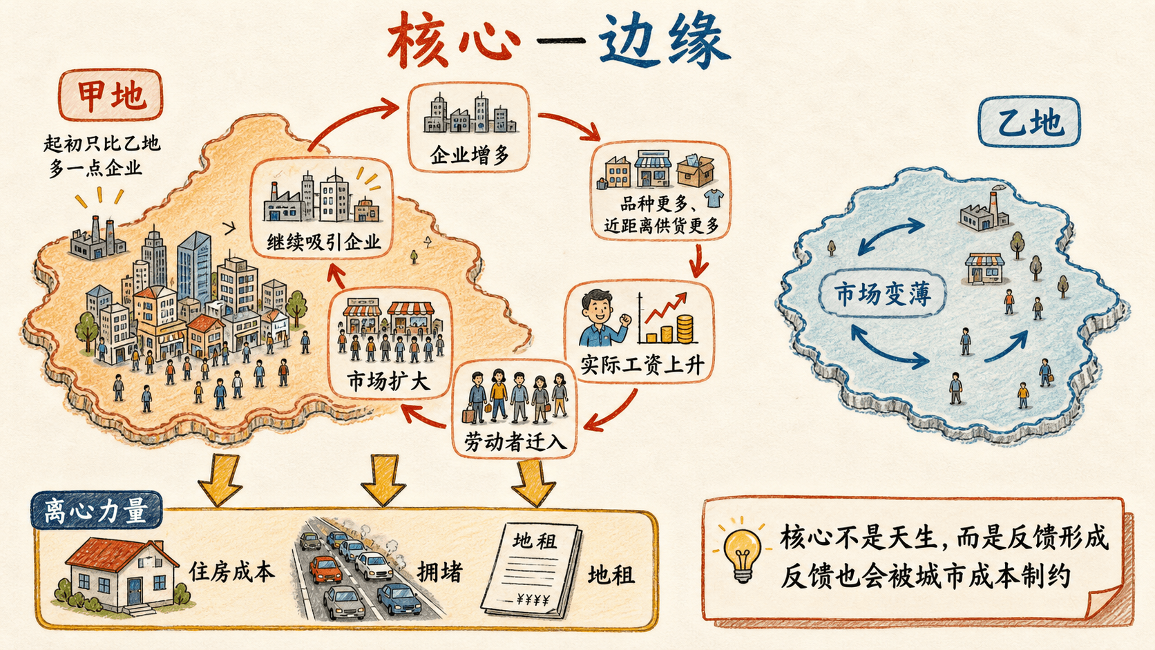 企业、劳动者与市场相互强化的核心边缘手绘图