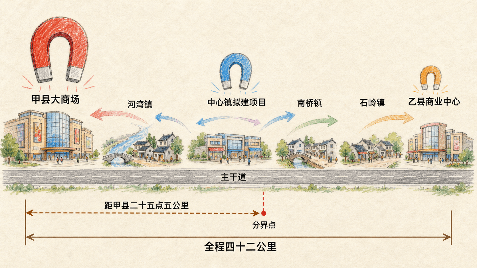 县域商场引力分界 不同规模的县域商场沿主干道形成偏离地理中点的市场分界