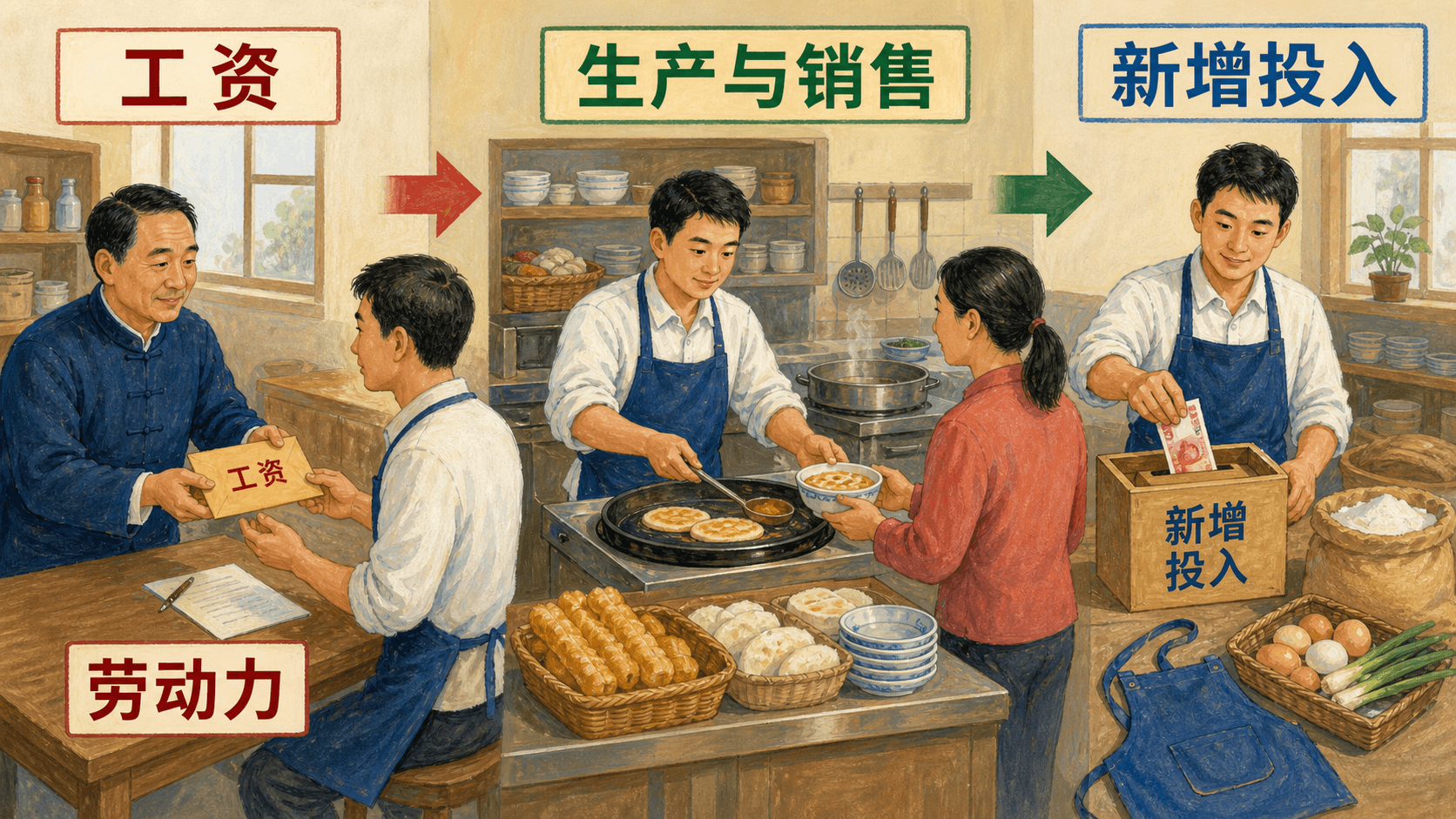栖桥小食店中工资交换、劳动过程、销售与再投入相连的关系图
