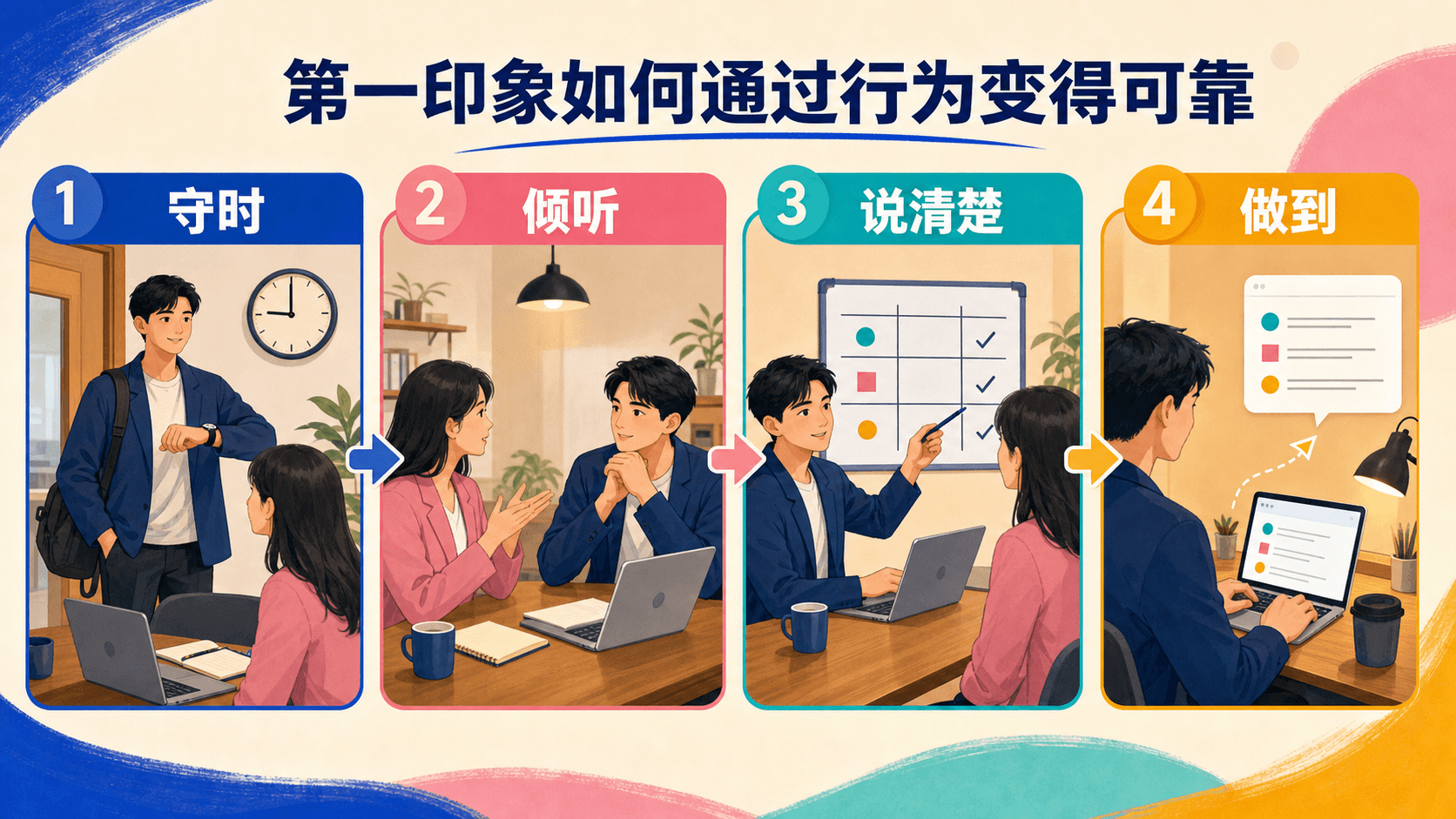 初次见面中的倾听、守时、清晰表达与一致行动
