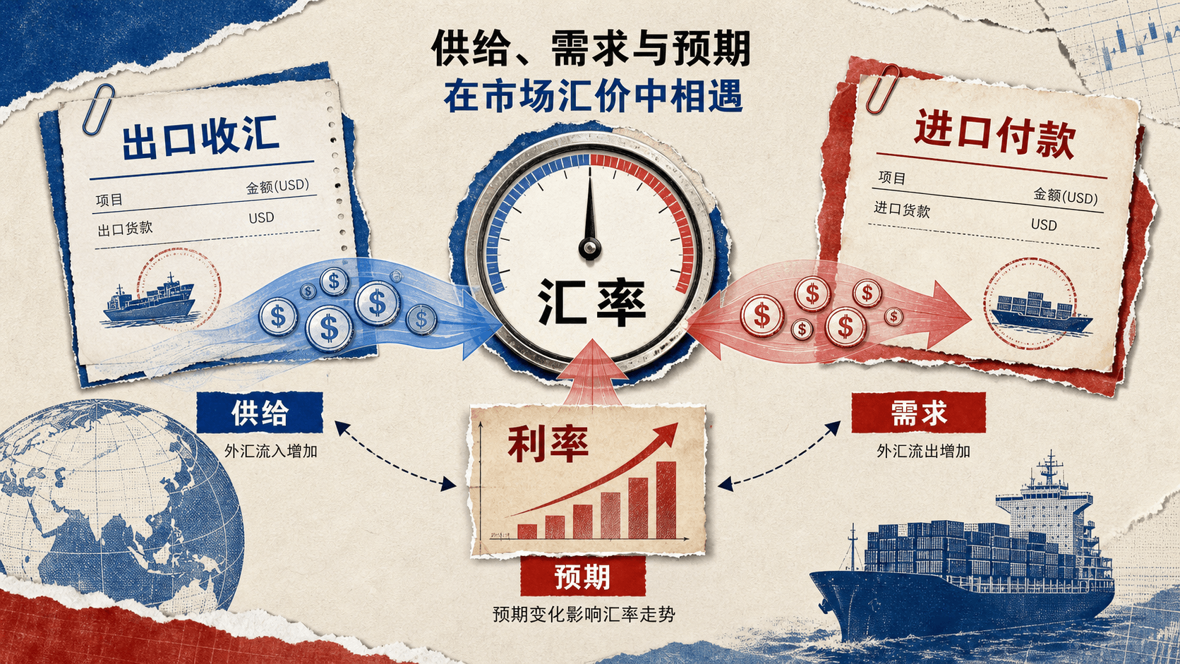 出口收汇、进口付款和利率因素汇入汇率盘的外汇市场供求关系图
