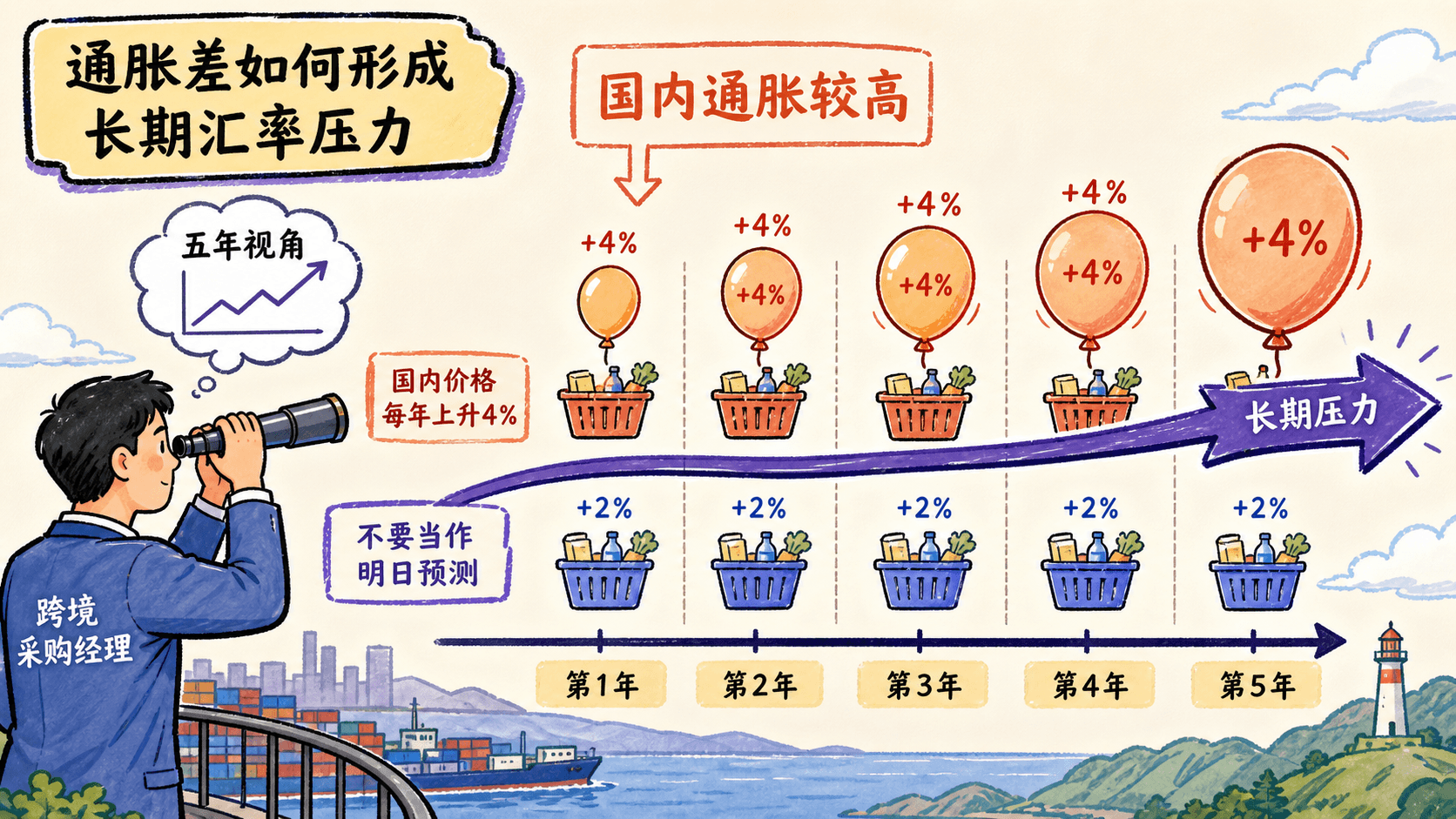 海岬公司将两地持续通胀差转换为多年汇率压力区间的彩色路径图