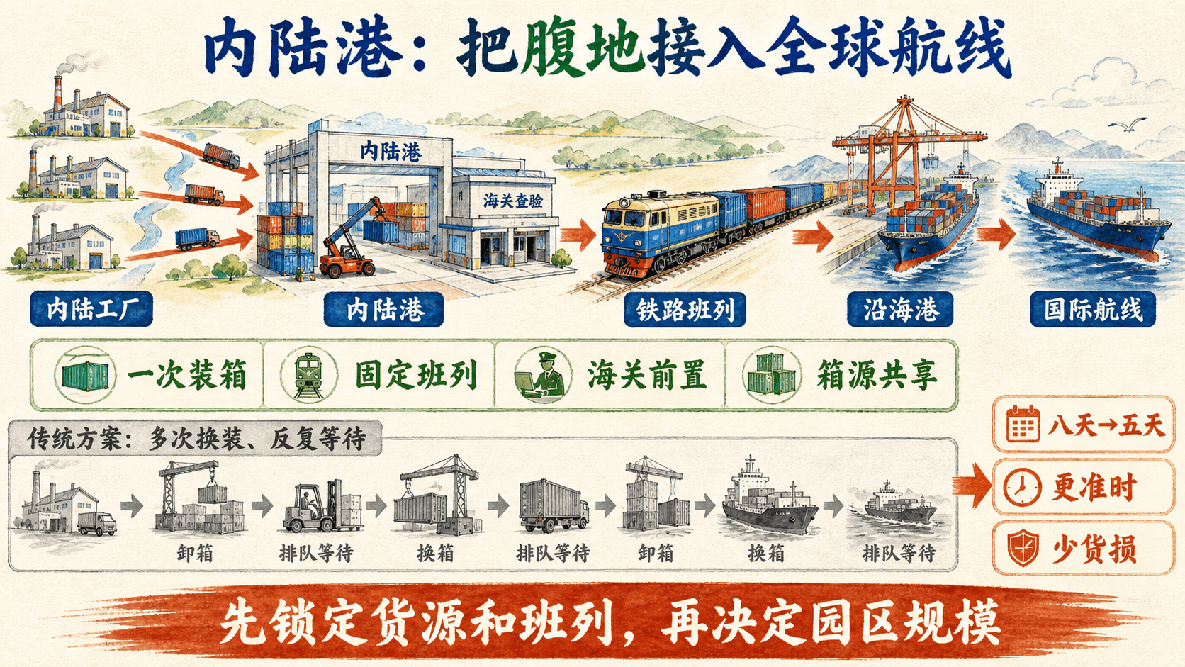 手绘内陆工厂经内陆港、铁路班列和沿海港接入国际航线,突出一次装箱、固定班列、海关前置与箱源共享