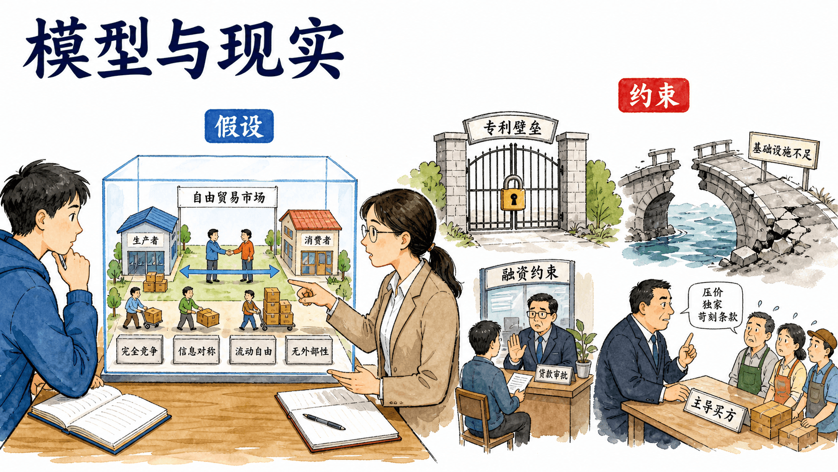 模型与现实约束示意:理想市场模型与专利、融资、基础设施和买方力量并置