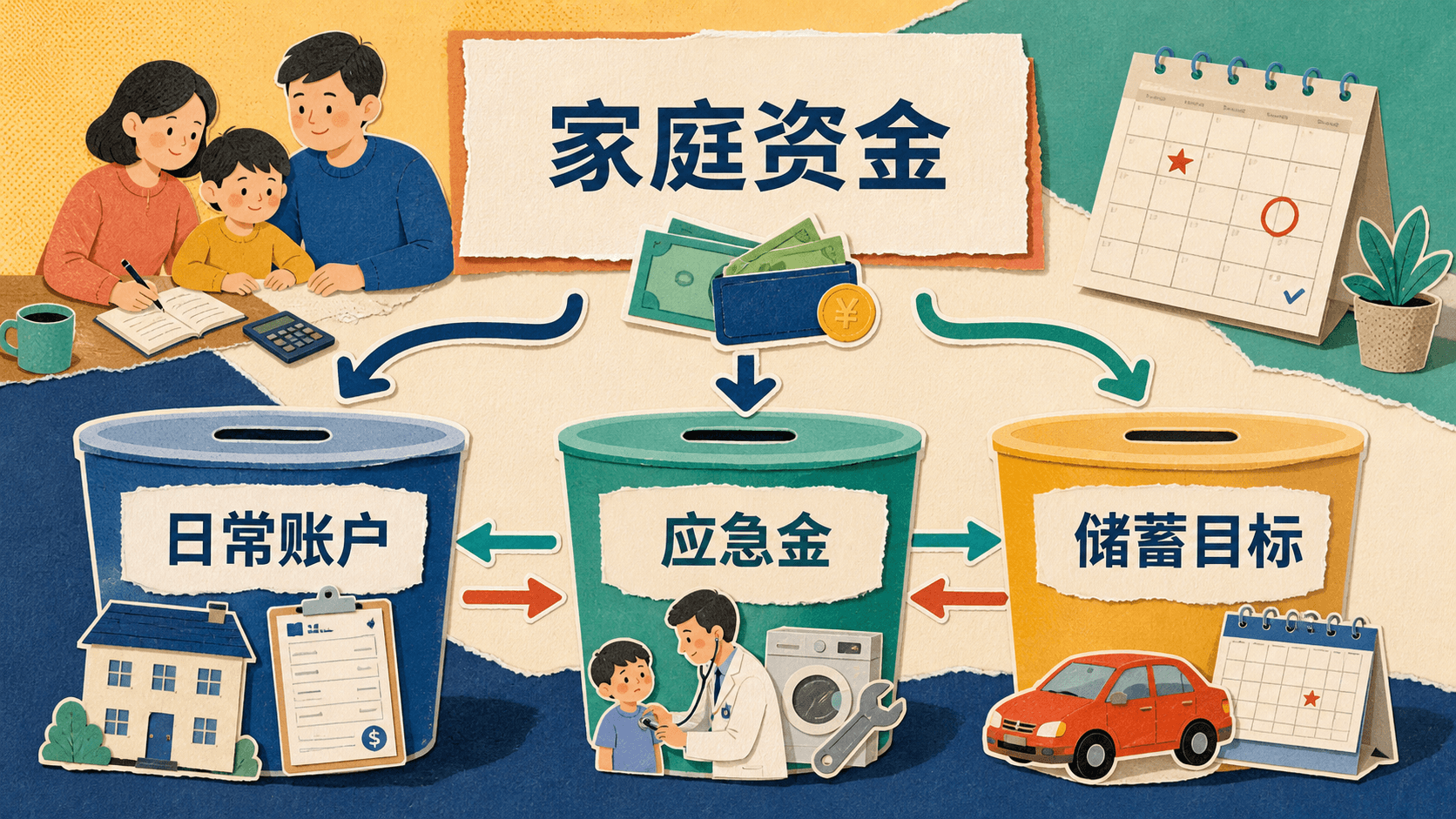 家庭资金在日常账户、应急金和储蓄目标之间安排