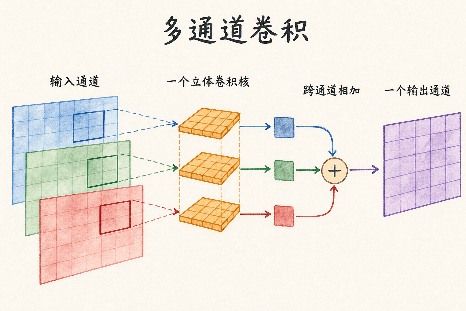 多输入通道被一组立体卷积核融合成一个输出通道