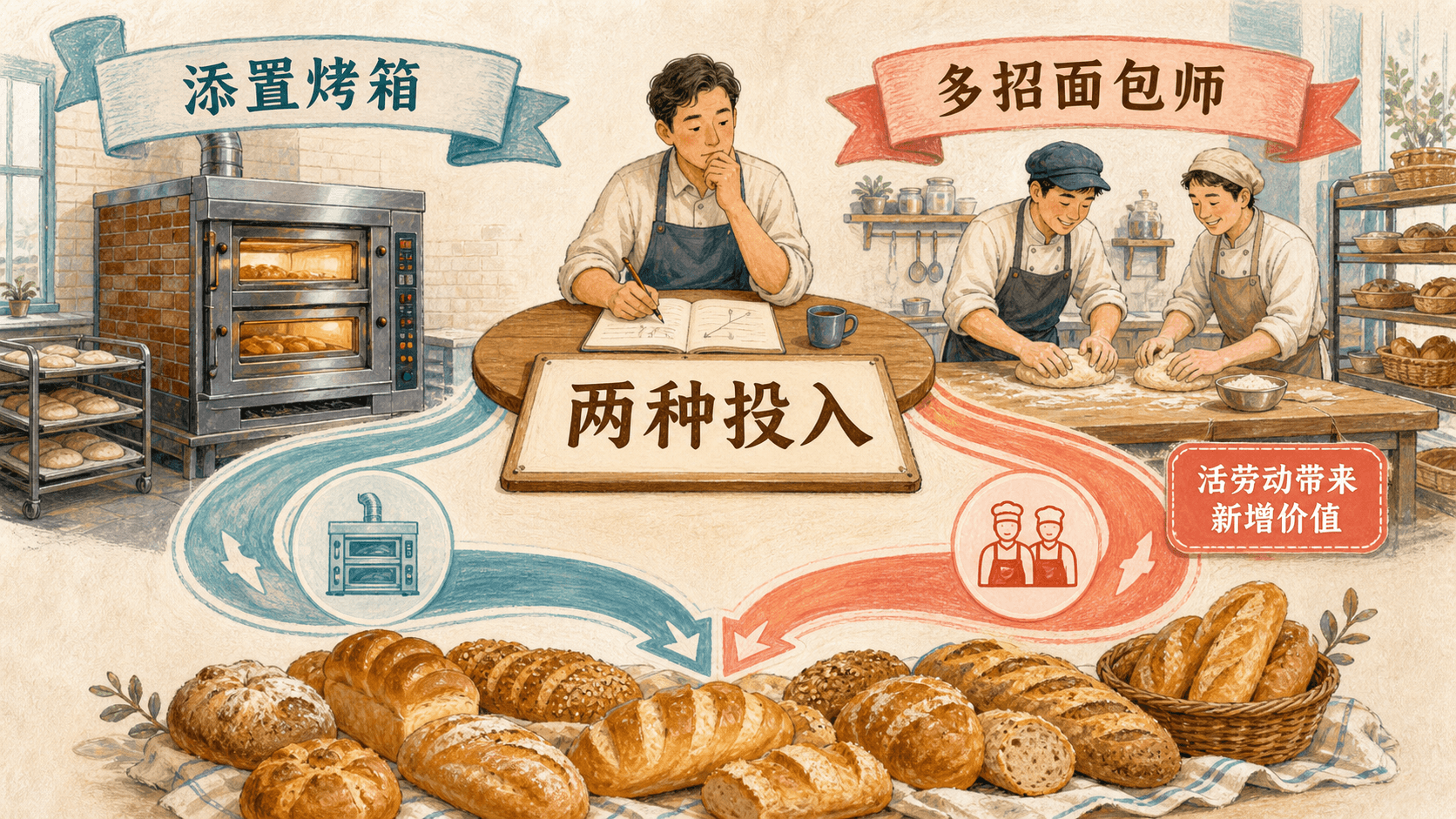 河岸面包房老板在新烤箱与新增面包师之间比较投入