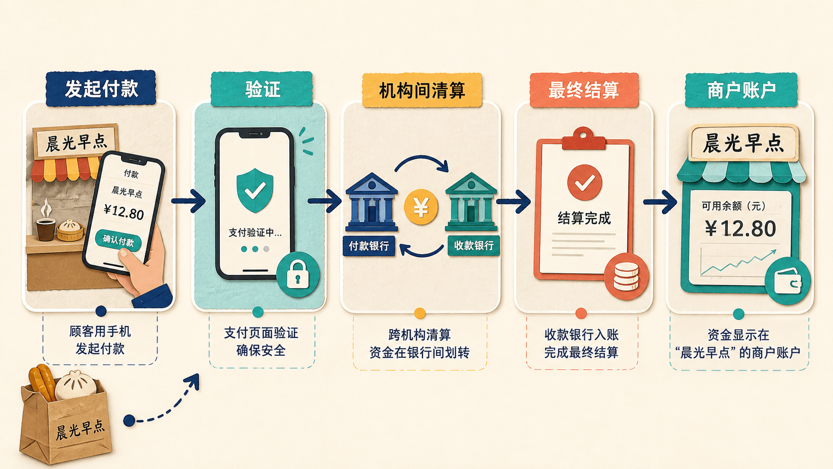 一笔早餐扫码付款从顾客发起、验证、跨机构清算到商户账户的中文流程拼贴图