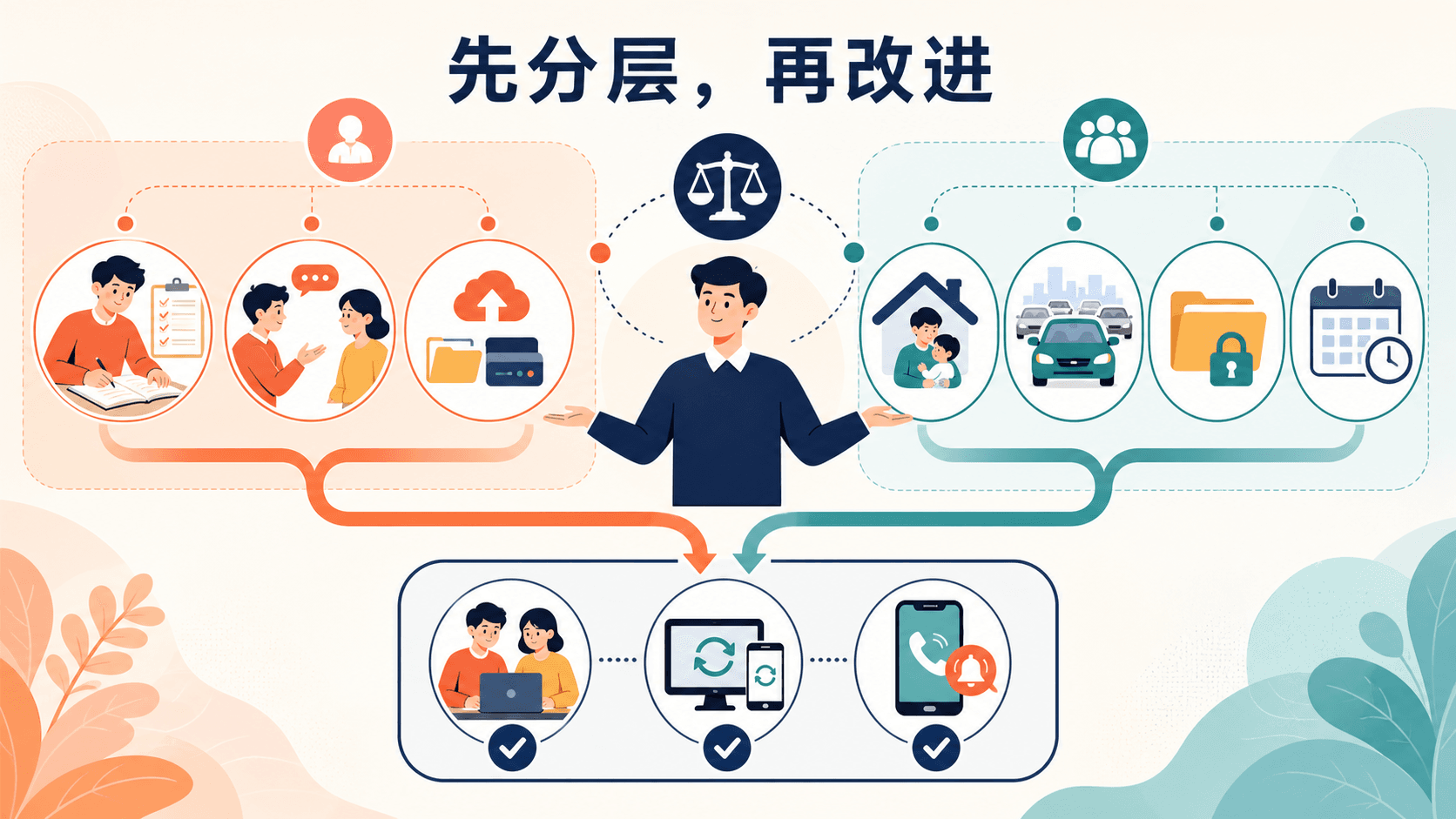 团队以双通道图梳理个人因素与情境因素,再汇合为协作改进方案的彩色信息图