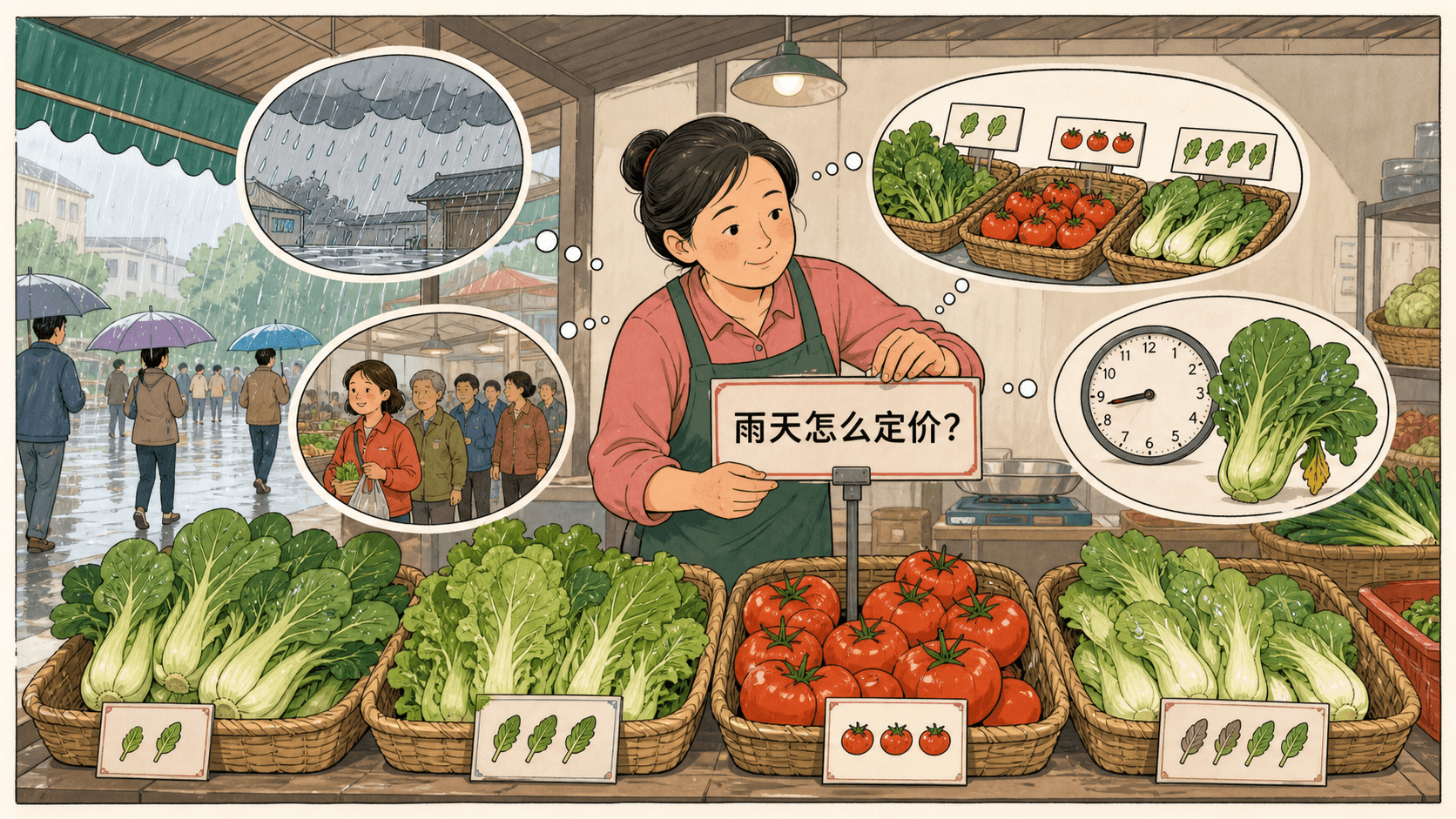下雨天的菜市场里,林姐结合雨势、库存、顾客到访和保鲜时间调整标价。