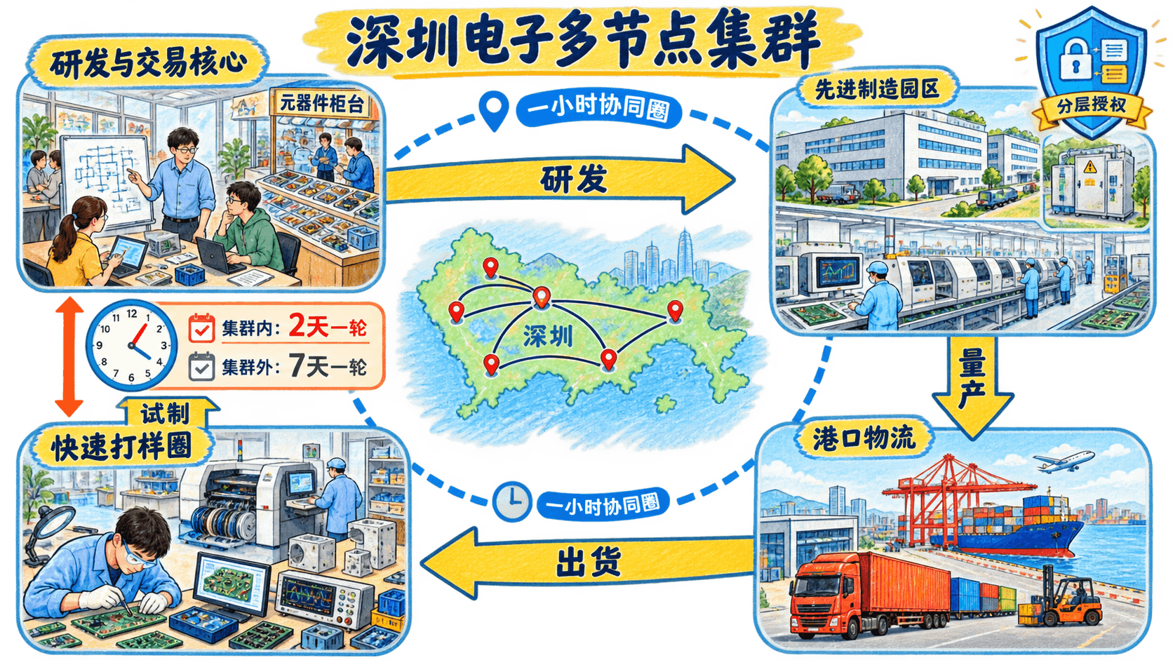 深圳电子研发、打样、制造与港口物流多节点集群图
