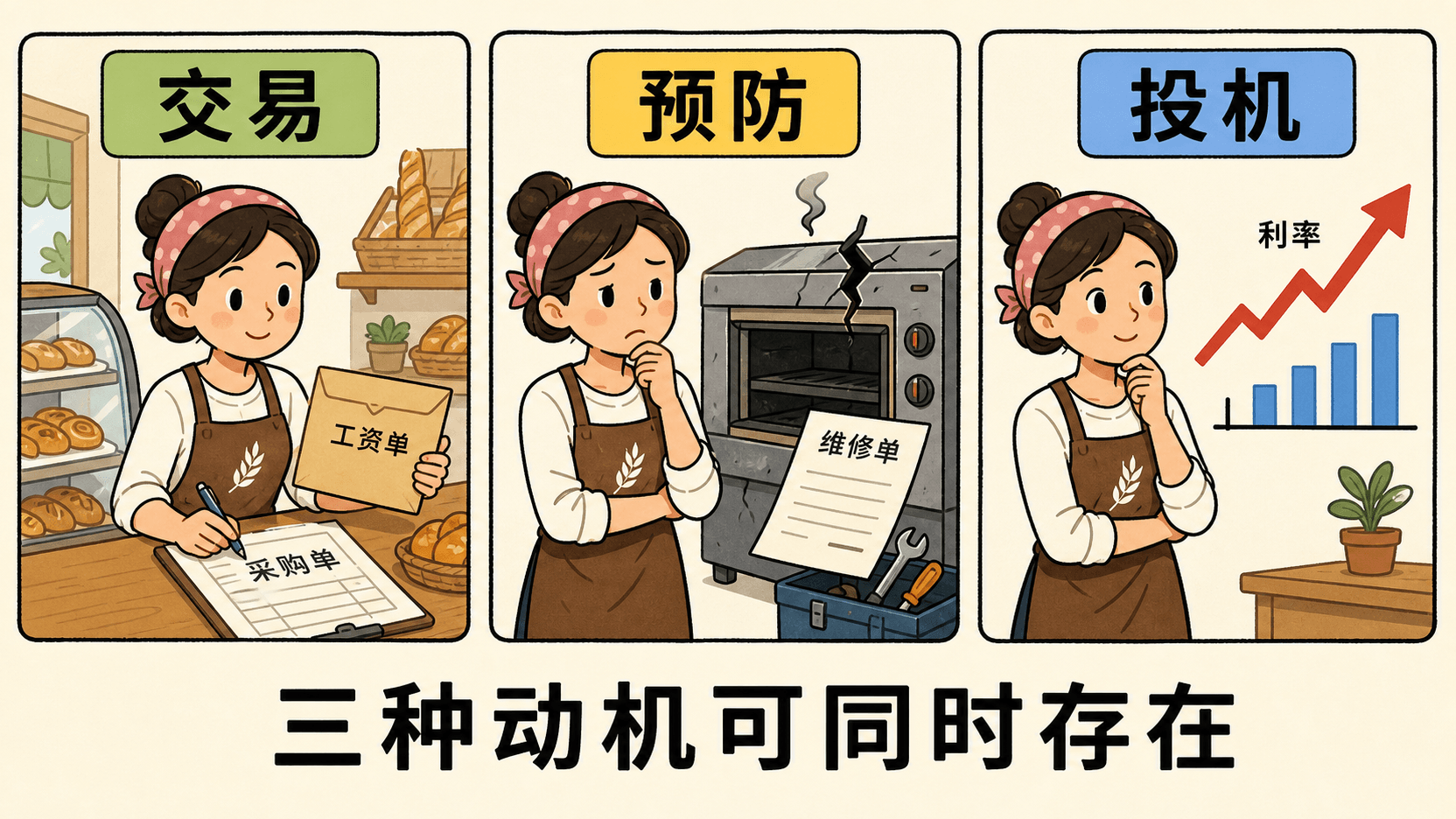 三格画面分别展示发工资和采购、烤箱故障维修,以及观察市场利率变化,对应交易、预防和投机三种持币动机