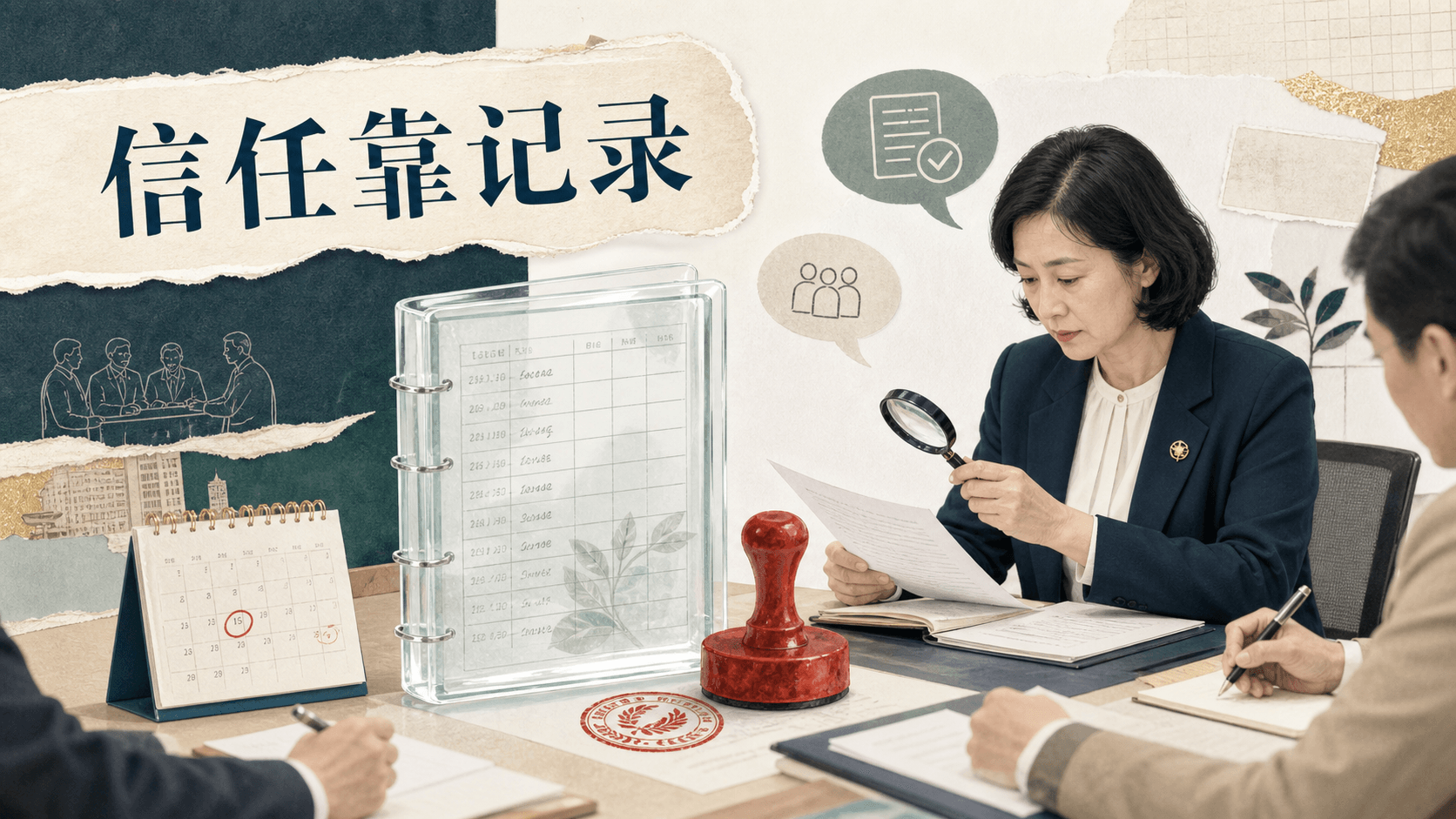 透明账本、印章与日历构成的拼贴图,说明可信承诺需要留下可核验的记录