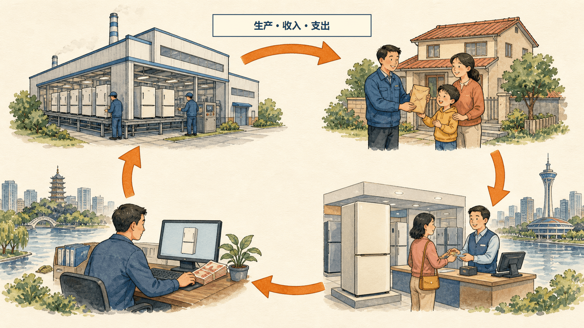 工厂、工人家庭、门店与订货资金围成循环，展示冰箱的生产、收入与支出流动