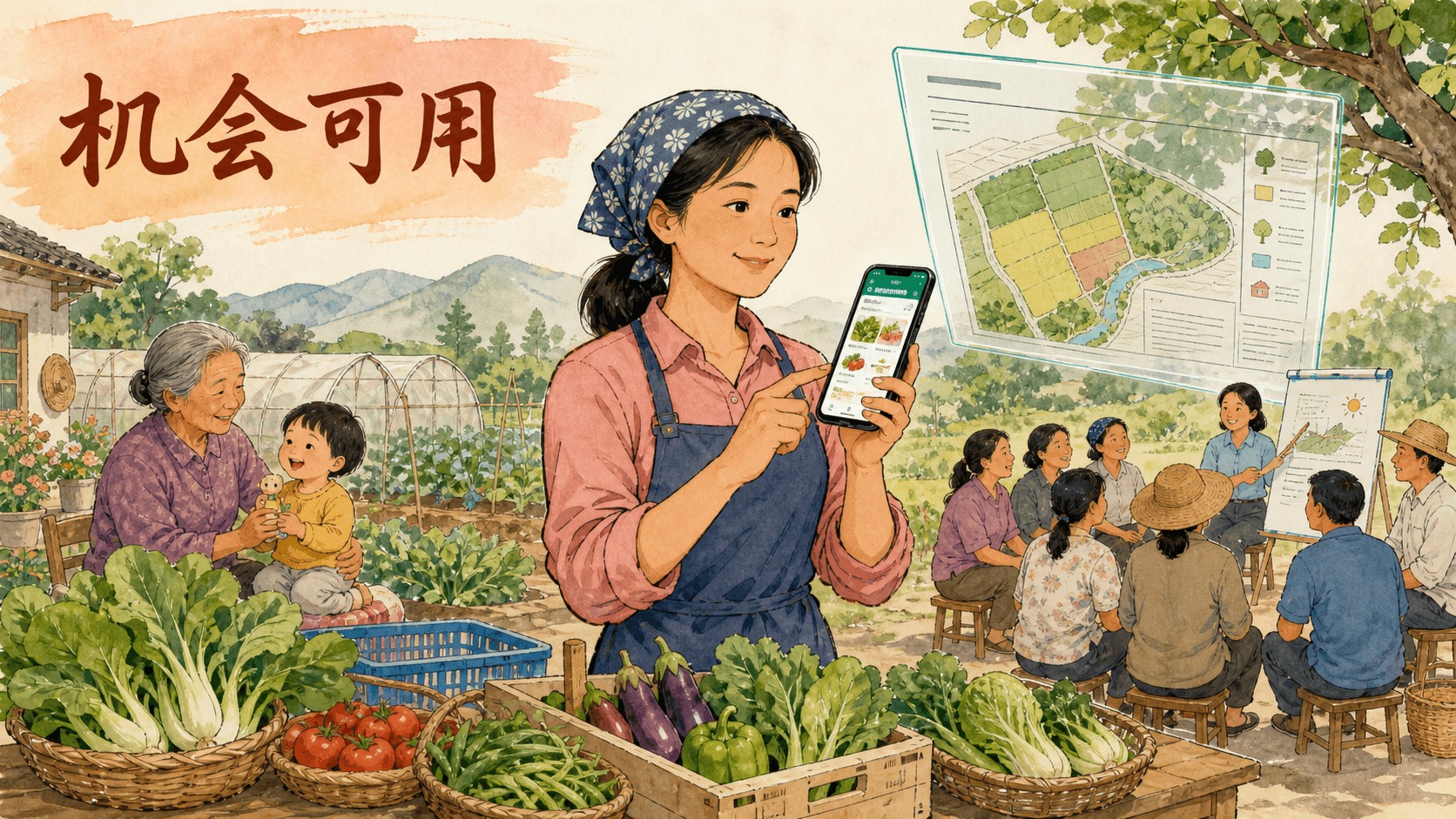 女性获得土地、培训、数字工具与照护支持后参与经营选择的示意图