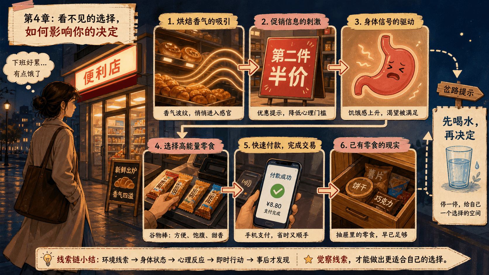 便利店入口的香气、折扣牌和疲惫下班者共同推动冲动购买的场景拼贴