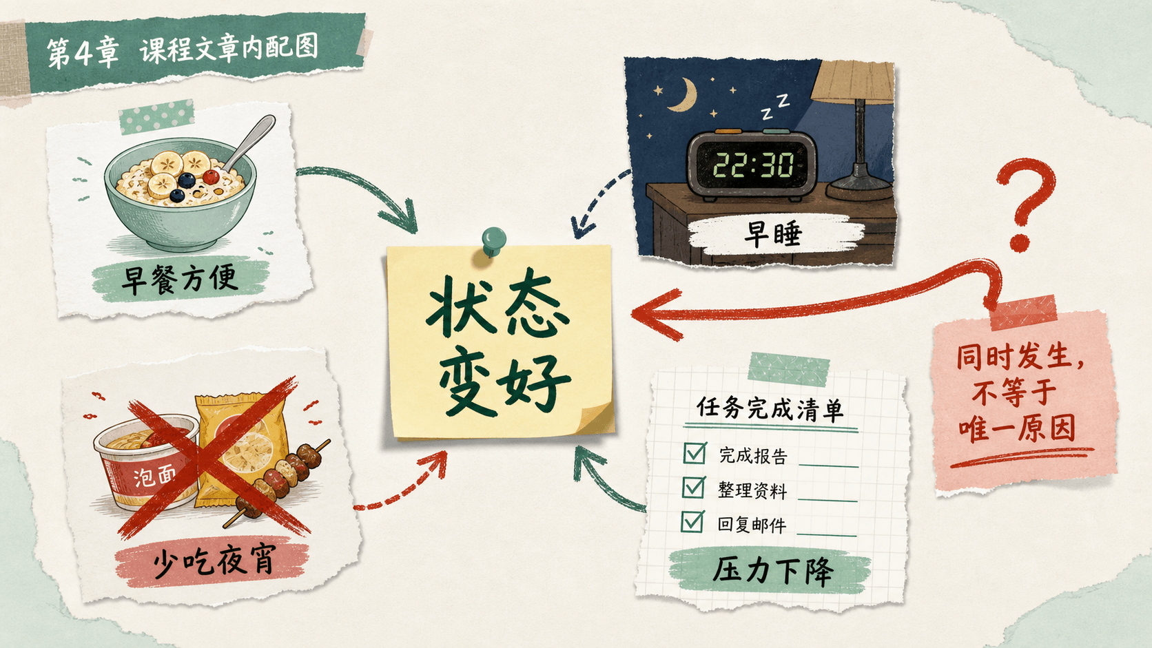 麦片、早睡、减少夜宵和压力下降汇入状态变好的因果地图,提示不能只抓住一个显眼原因
