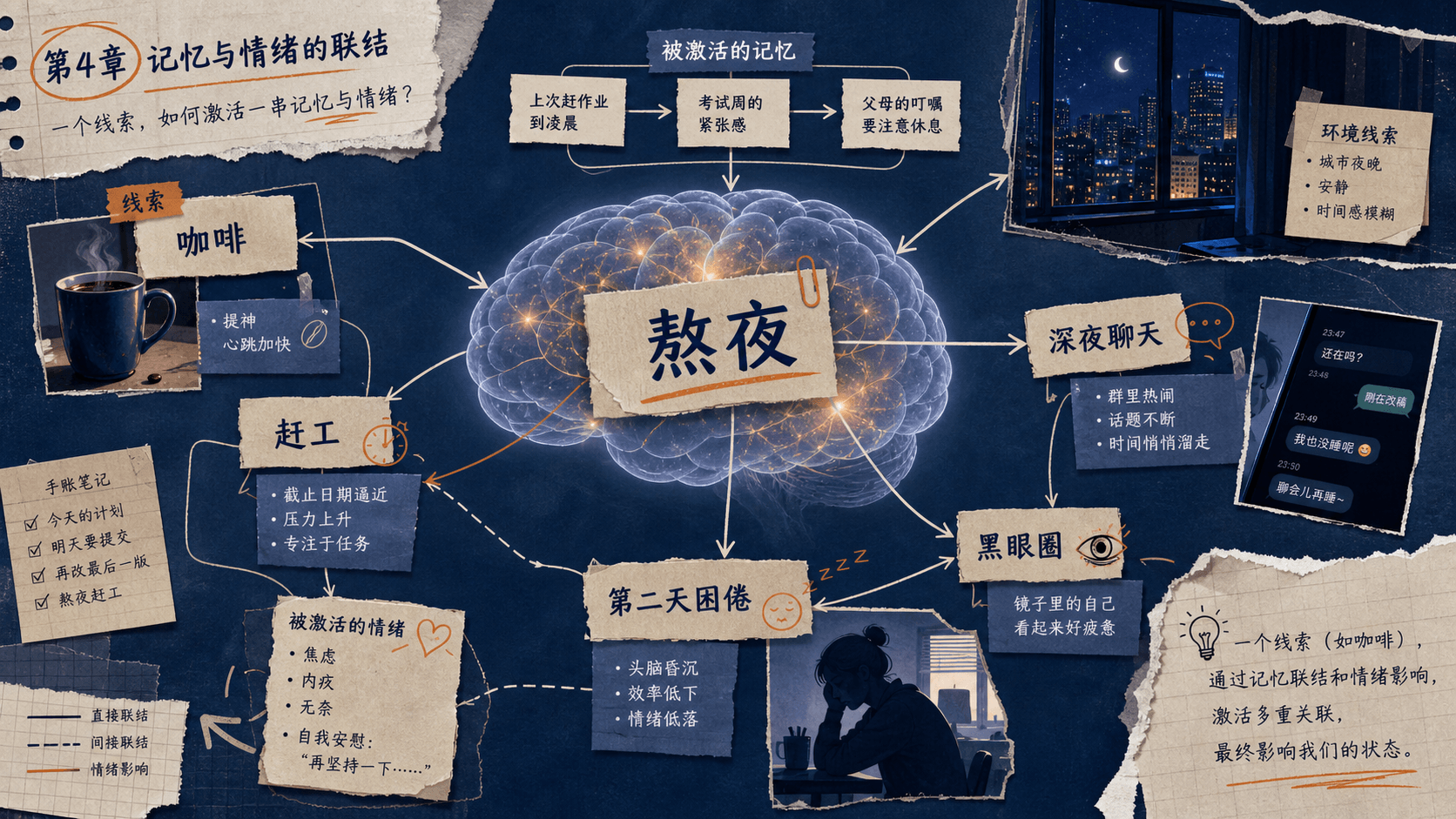 一个关键词牵引咖啡、加班、灯光和记忆片段的联想网络拼贴图