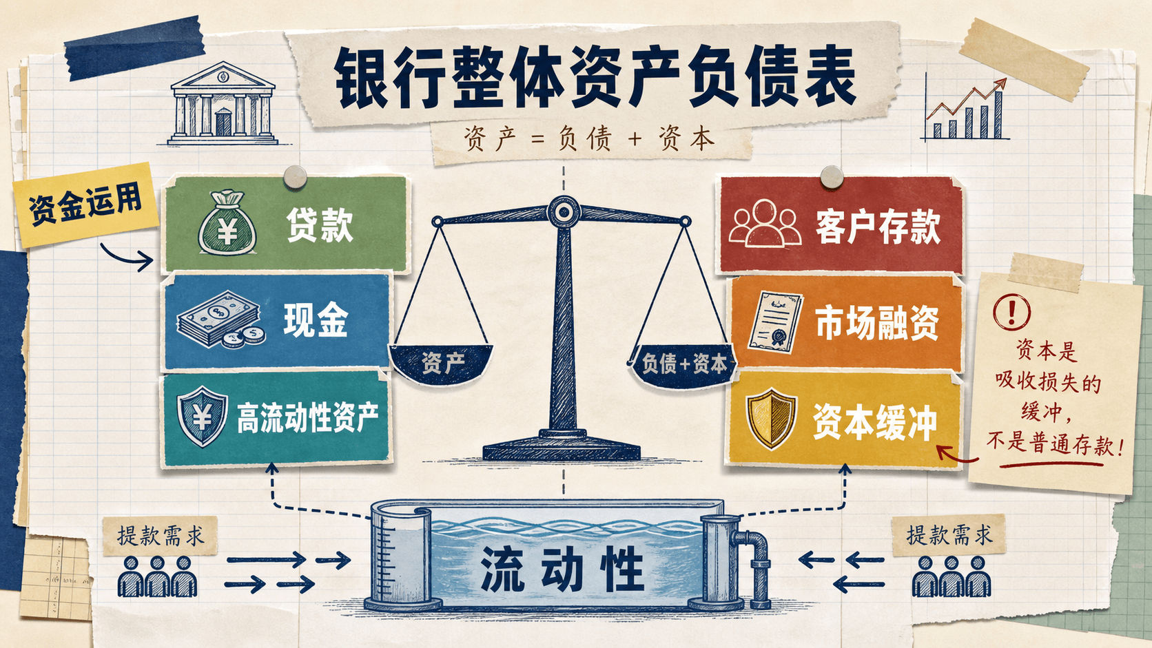 以客户存款、资本缓冲、贷款与高流动性资产呈现银行资产负债表平衡的中文拼贴教学图