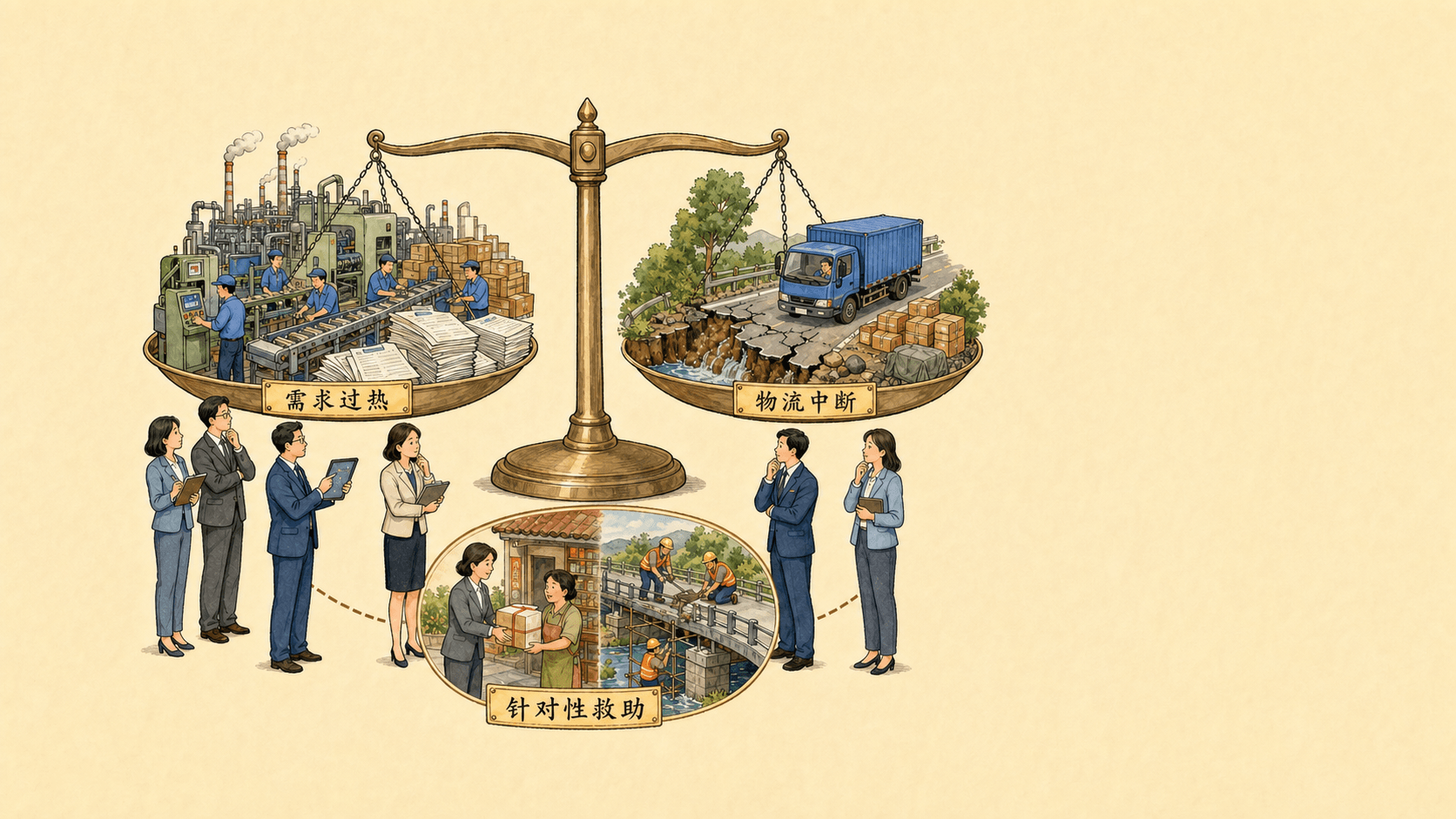 澜江银行与市财政部门的分析人员在天平前比较订单火热的满负荷生产和洪水损坏道路造成的物流中断,并观察针对性救助和桥梁修复。