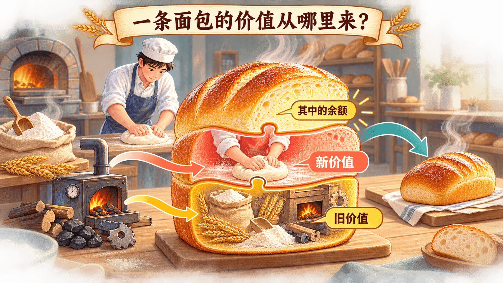 一条面包的价值层次：生产资料转移的旧价值与活劳动形成的新价值