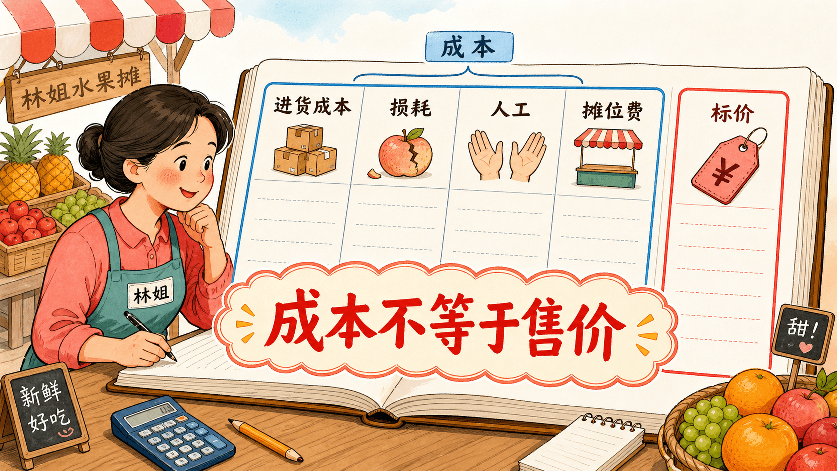 林姐将进货、损耗、人工和摊位费分别记在账本上,与标价相互对照。