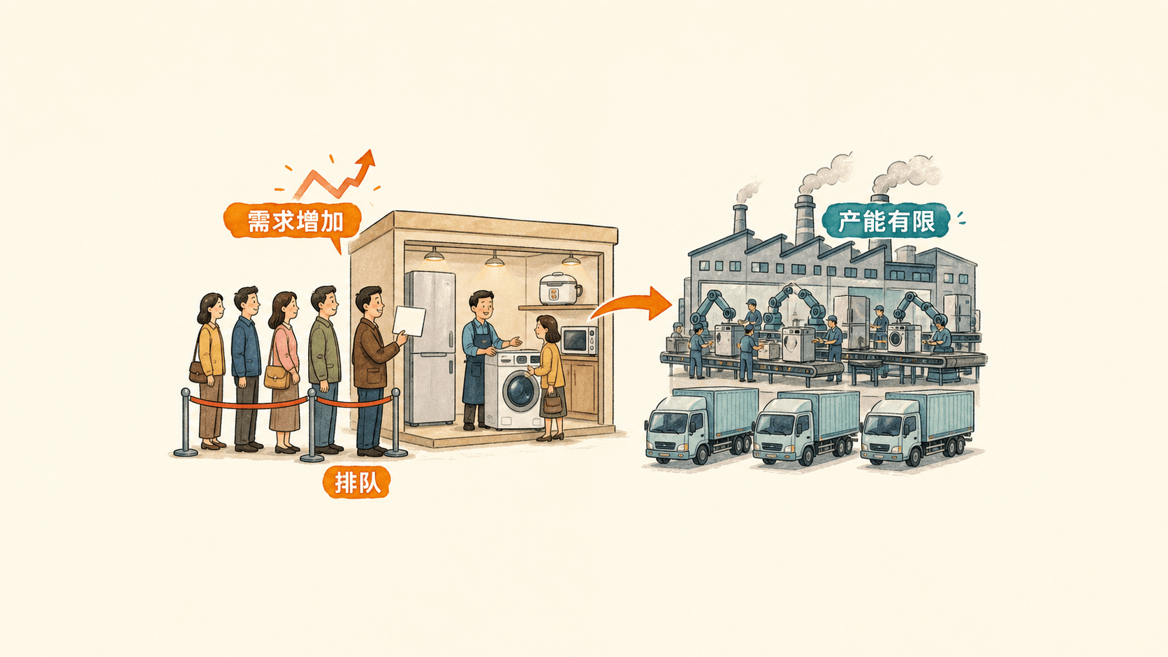 启航家电门店前拿着无字消费券的顾客排队,店内家电快速售出,后方满负荷工厂和待装货车辆显示短期产能受限。