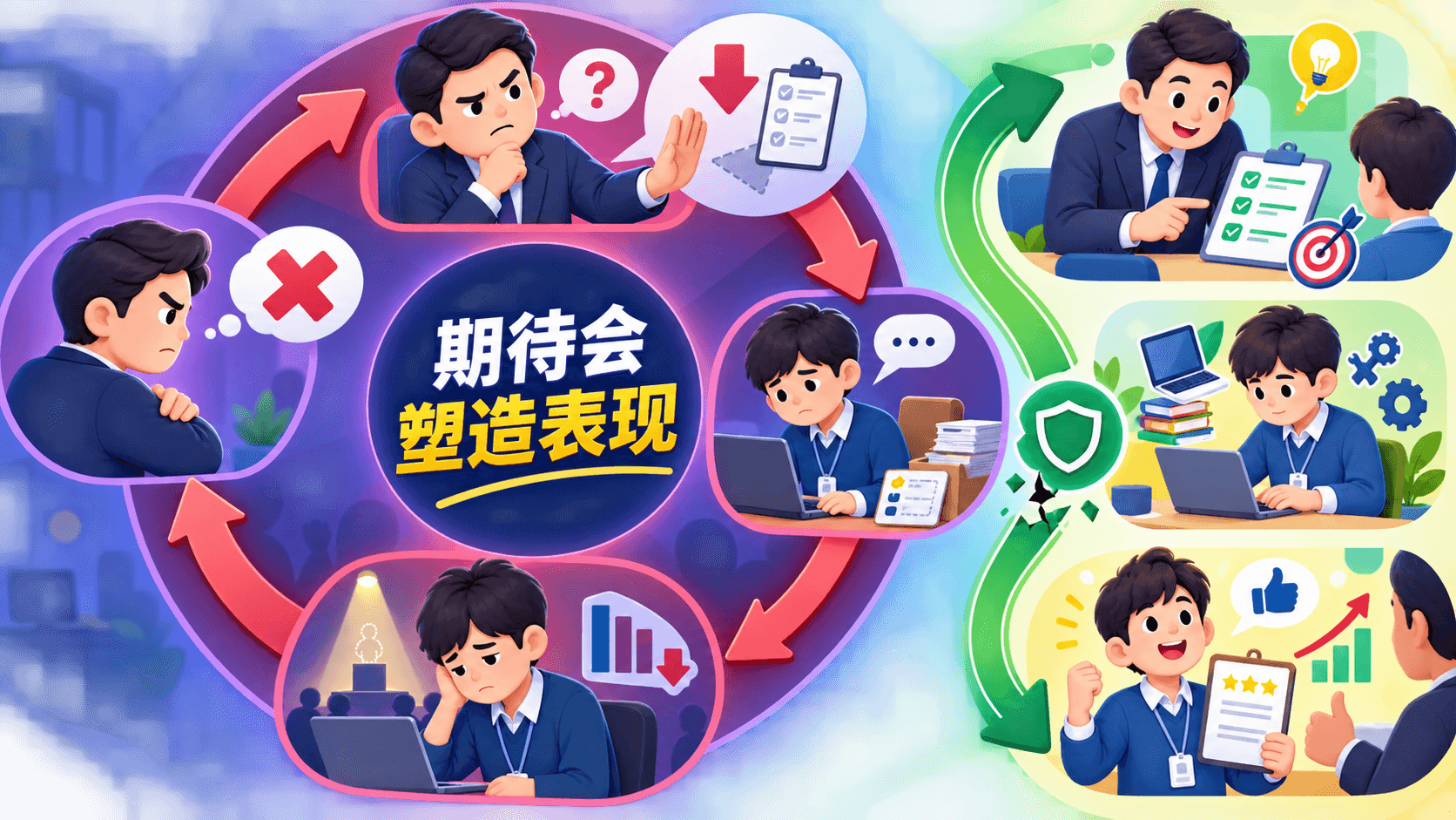 管理者的期待通过互动方式影响同事表现并形成循环的彩色信息图