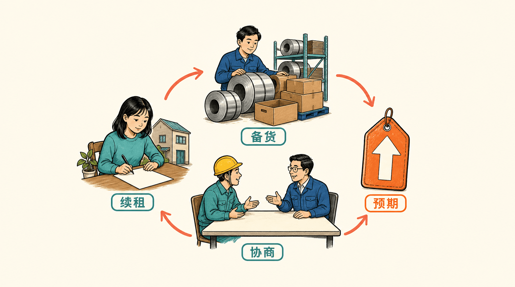 阿宁提前处理续租文件,启航家电采购人员预订材料,工人与主管协商,三组行为由环形箭头连接到上行价格标签图标。