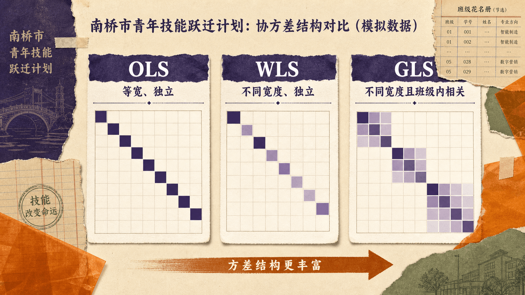 OLS、WLS 与 GLS 的协方差结构对照：等宽独立、不同宽度独立，以及不同宽度且班级内相关。