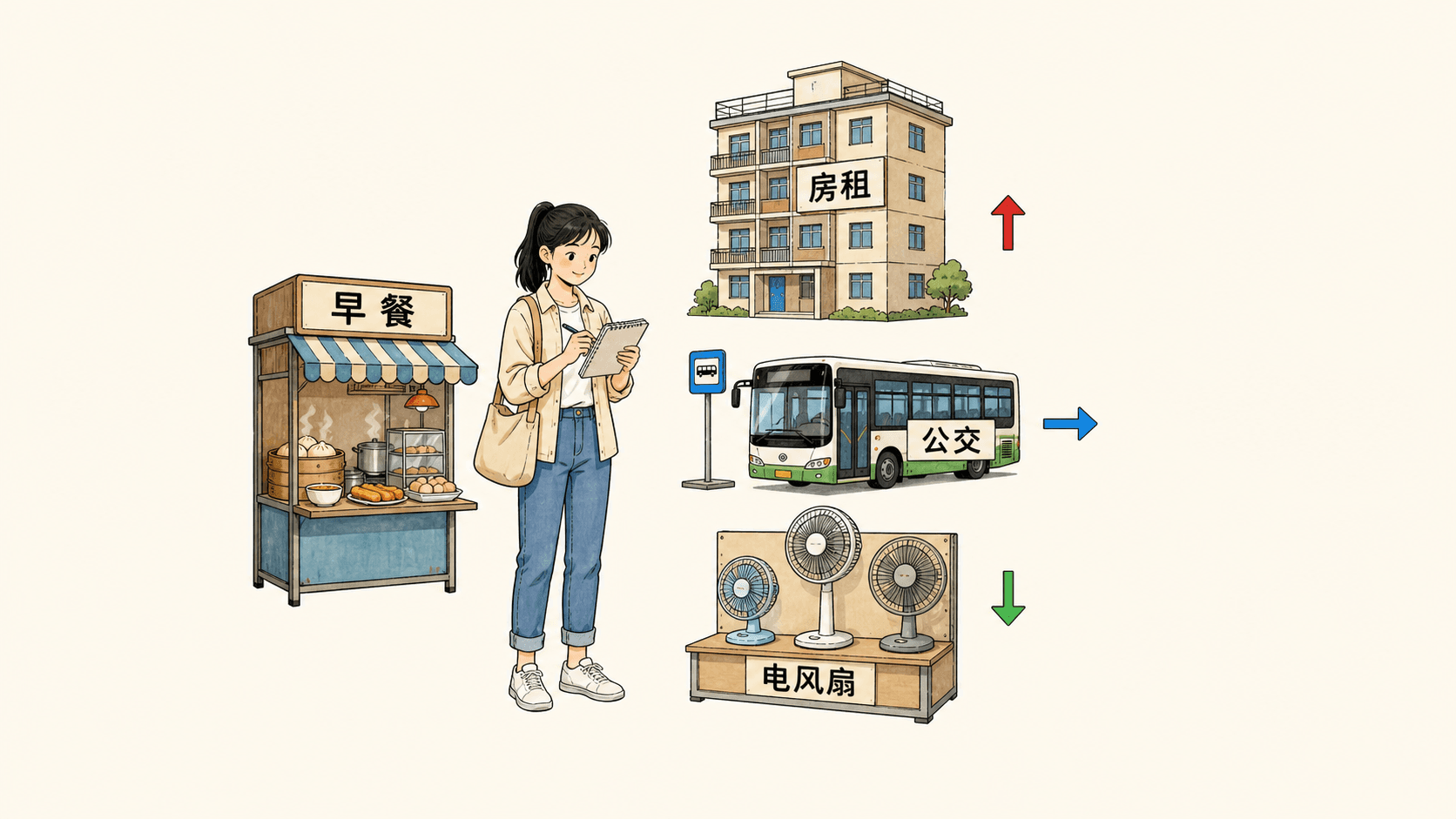阿宁在澜江市早餐摊前记录价格变化,背景同时出现公寓、公交车和折扣电风扇,以不同方向的箭头提示相对价格并非同步变动。