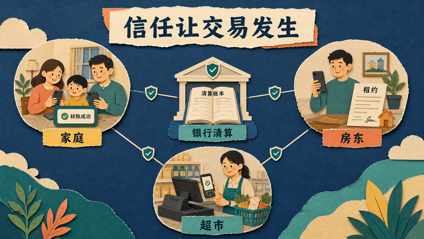 家庭、银行清算、超市和房东由可靠支付网络连接