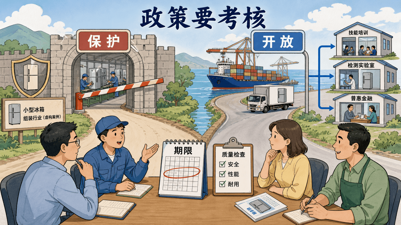 政策问责示意:虚构冰箱装配业的保护路径与开放路径并置,并强调期限和质量考核